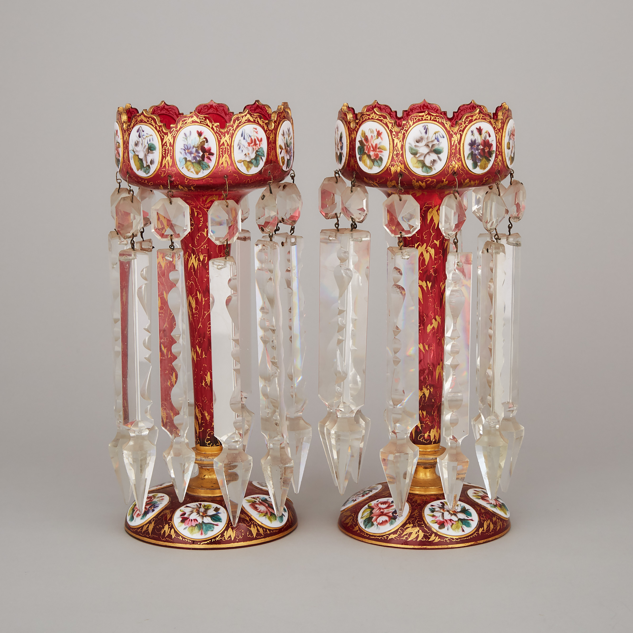 Pair of Bohemian Overlaid, Enameled and Gilt Red Glass Lustres, late 19th century