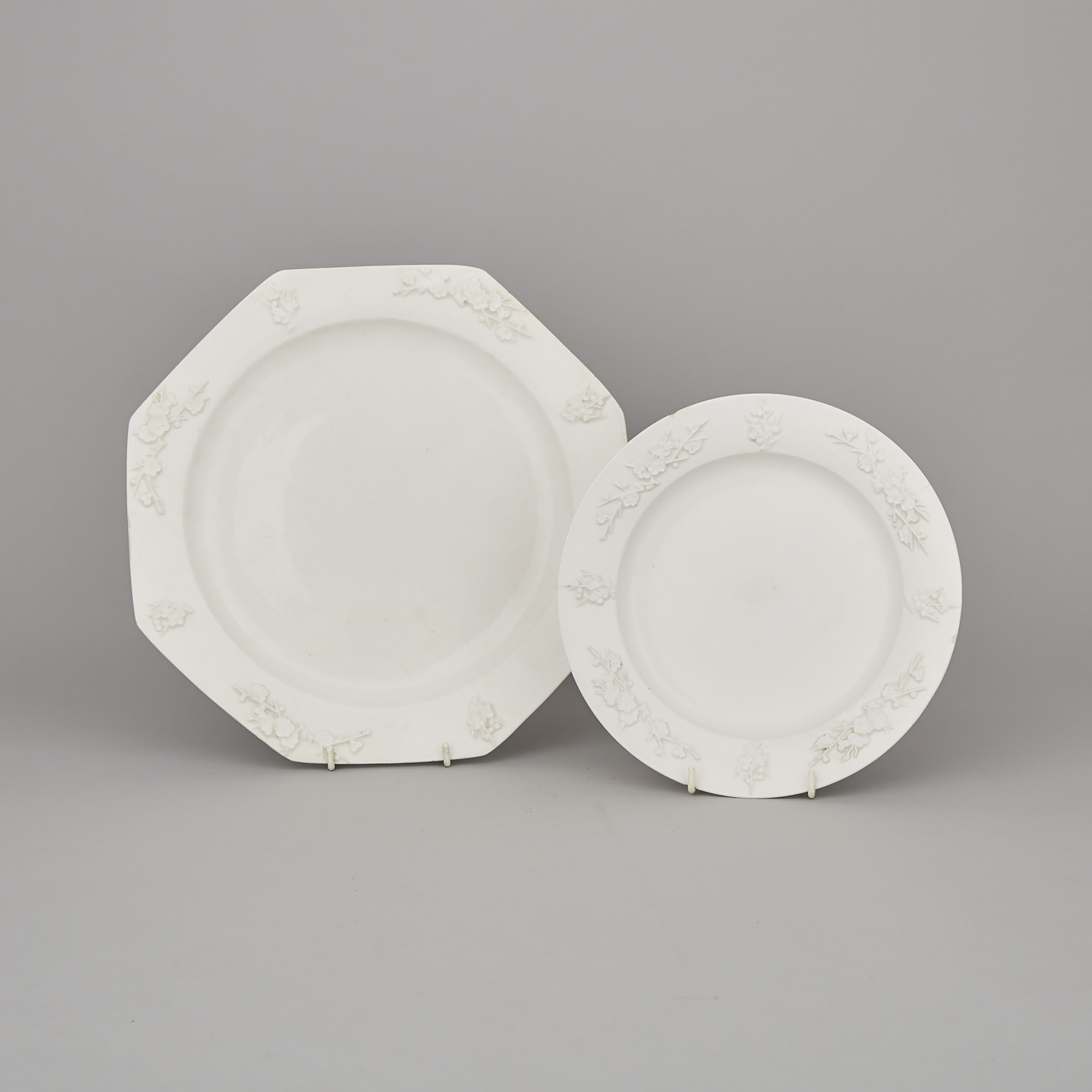 Bow White Moulded Prunus Octagonal Charger and Plate, c.1755