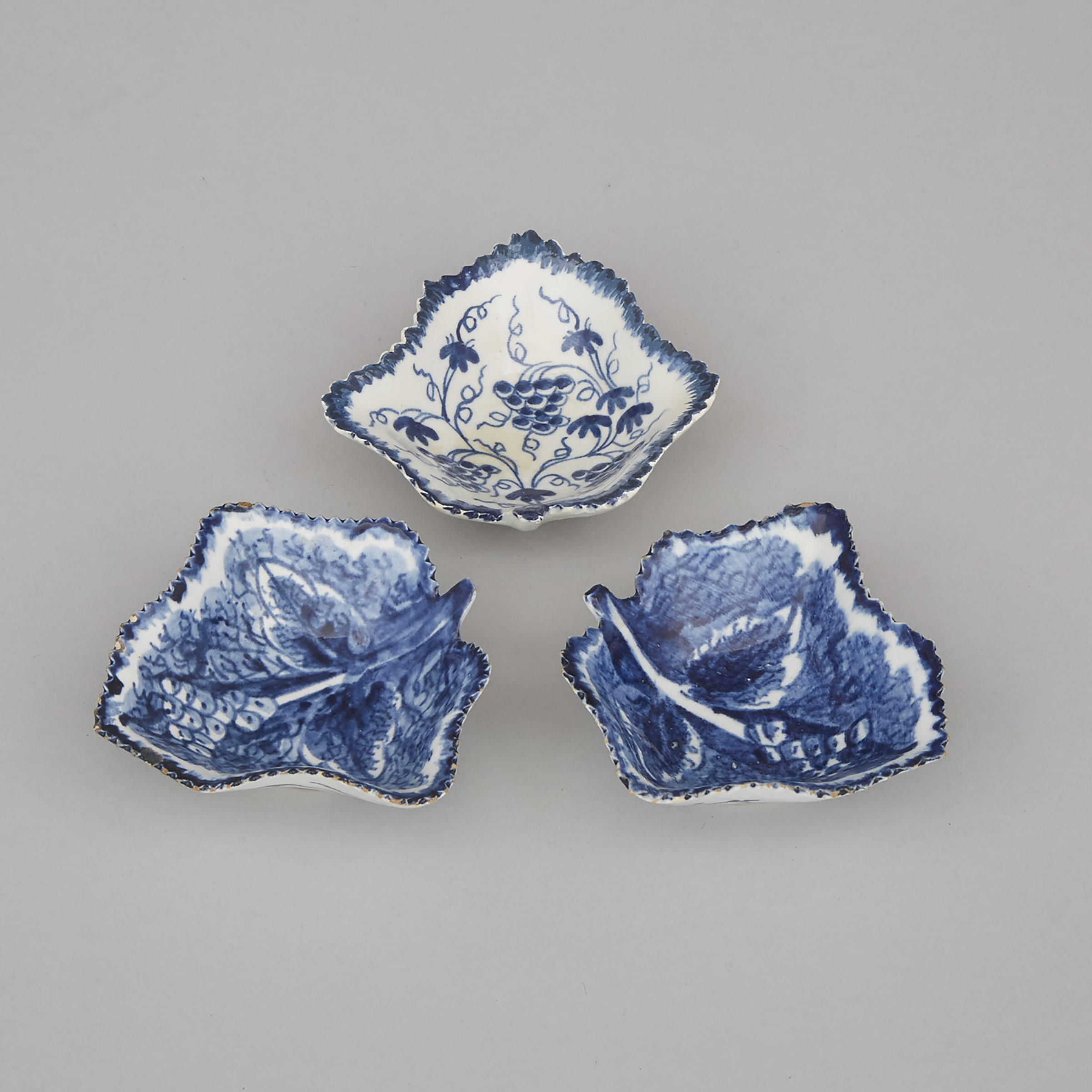 Three Bow Blue and White Pickle Leaf Dishes, c.1765