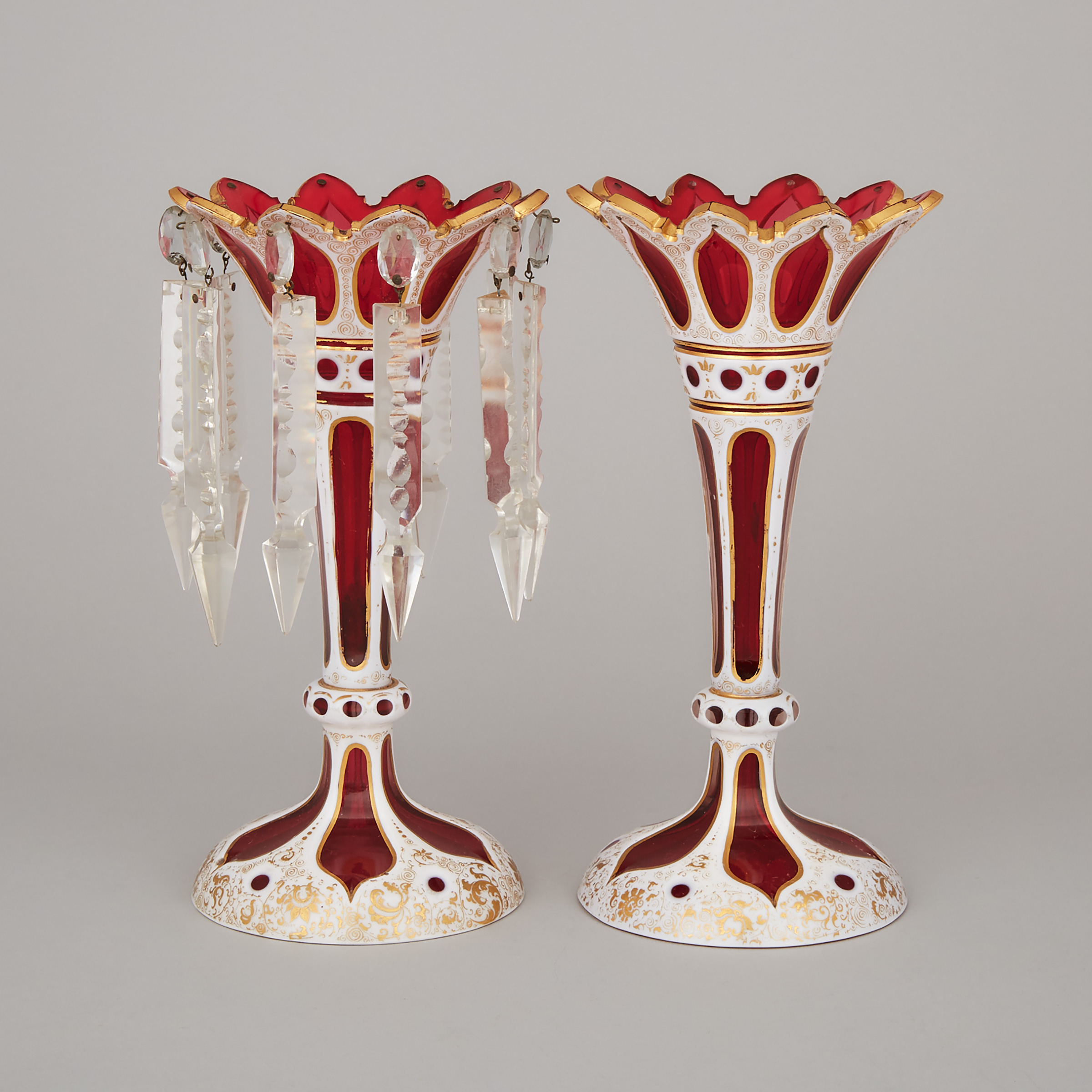Pair of Bohemian Overlaid and Gilt Red Glass Vase Lustres, late 19th century