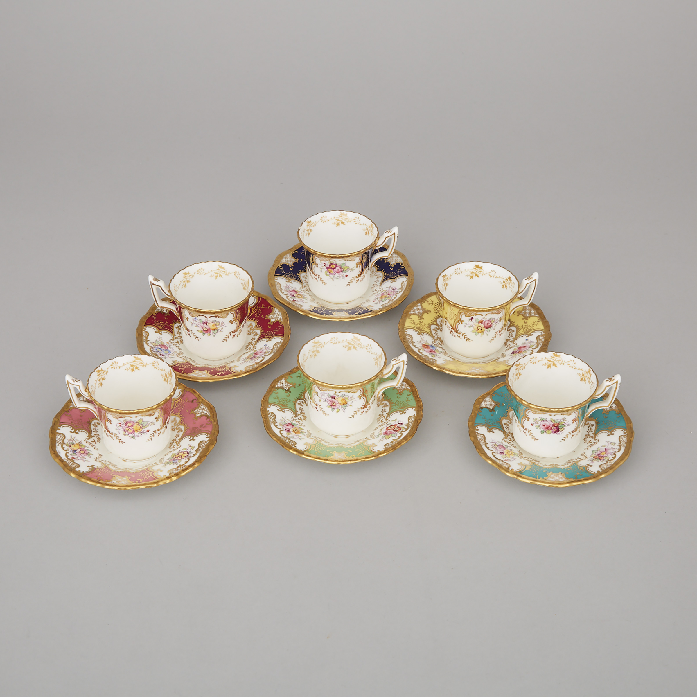 Coalport Harlequin Set of Six Coffee Cups and Saucers, 20th century