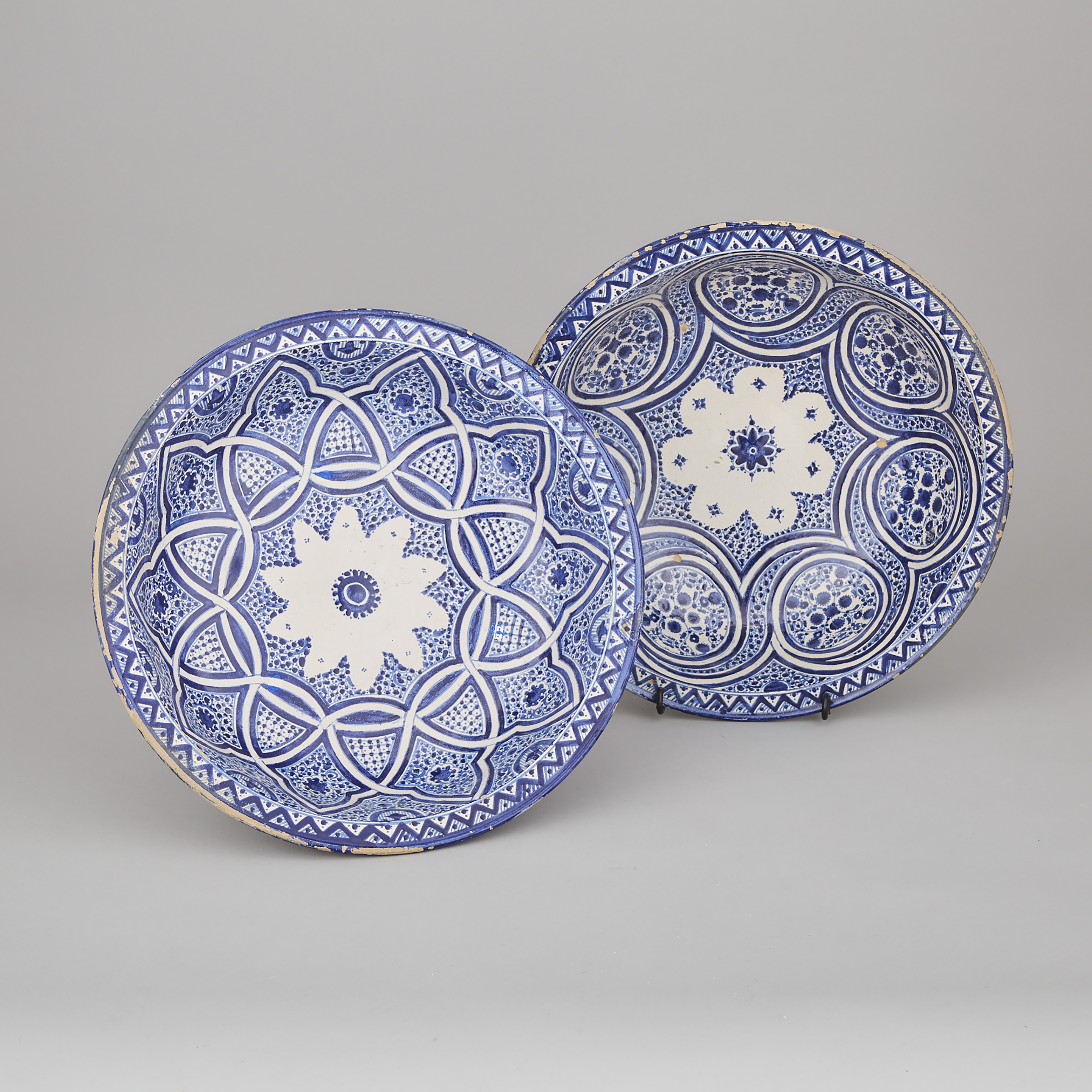 Two Hispano-Moresque Blue and White Pottery Large Bowls, 19th century