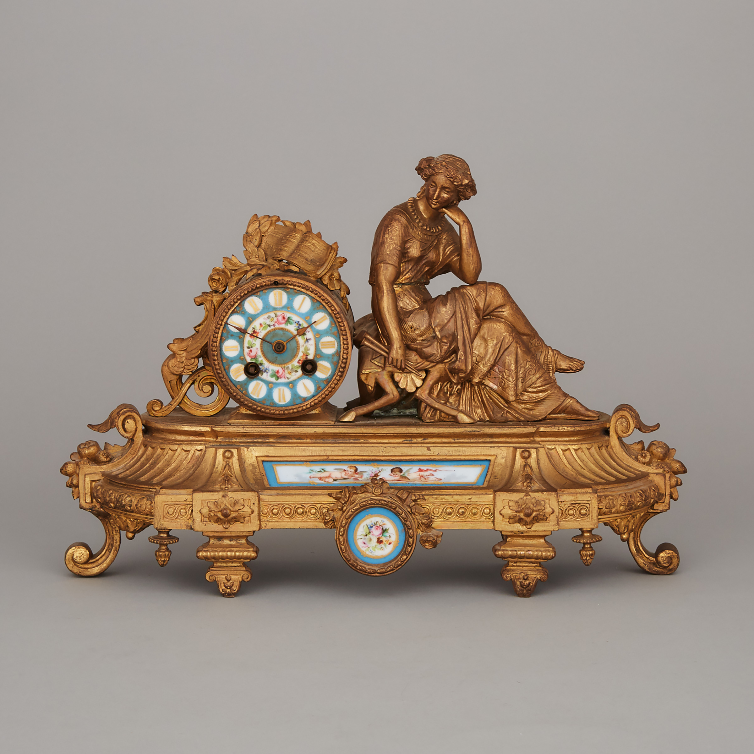 French 'Sevres' Style Porcelain Mounted Gilt Metal Figural Mantel Clock, c.1890
