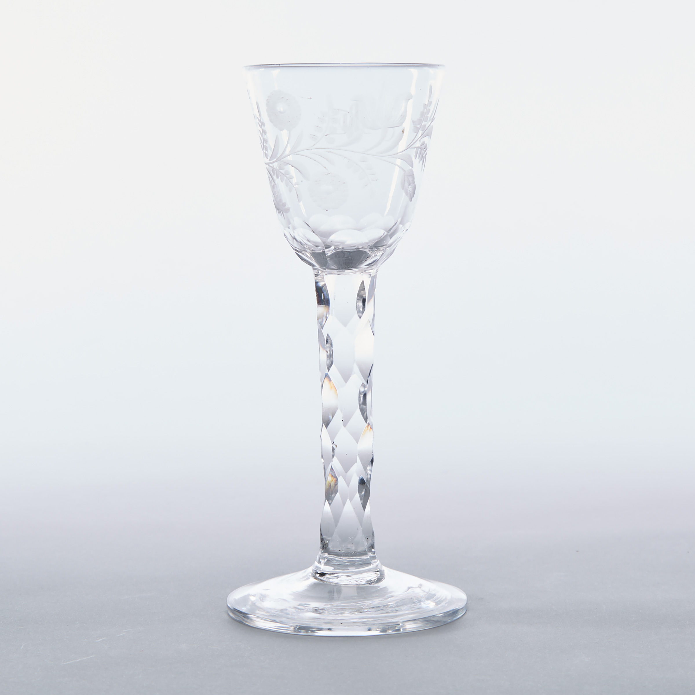 English Engraved Faceted Stemmed Wine Glass, c.1765-80