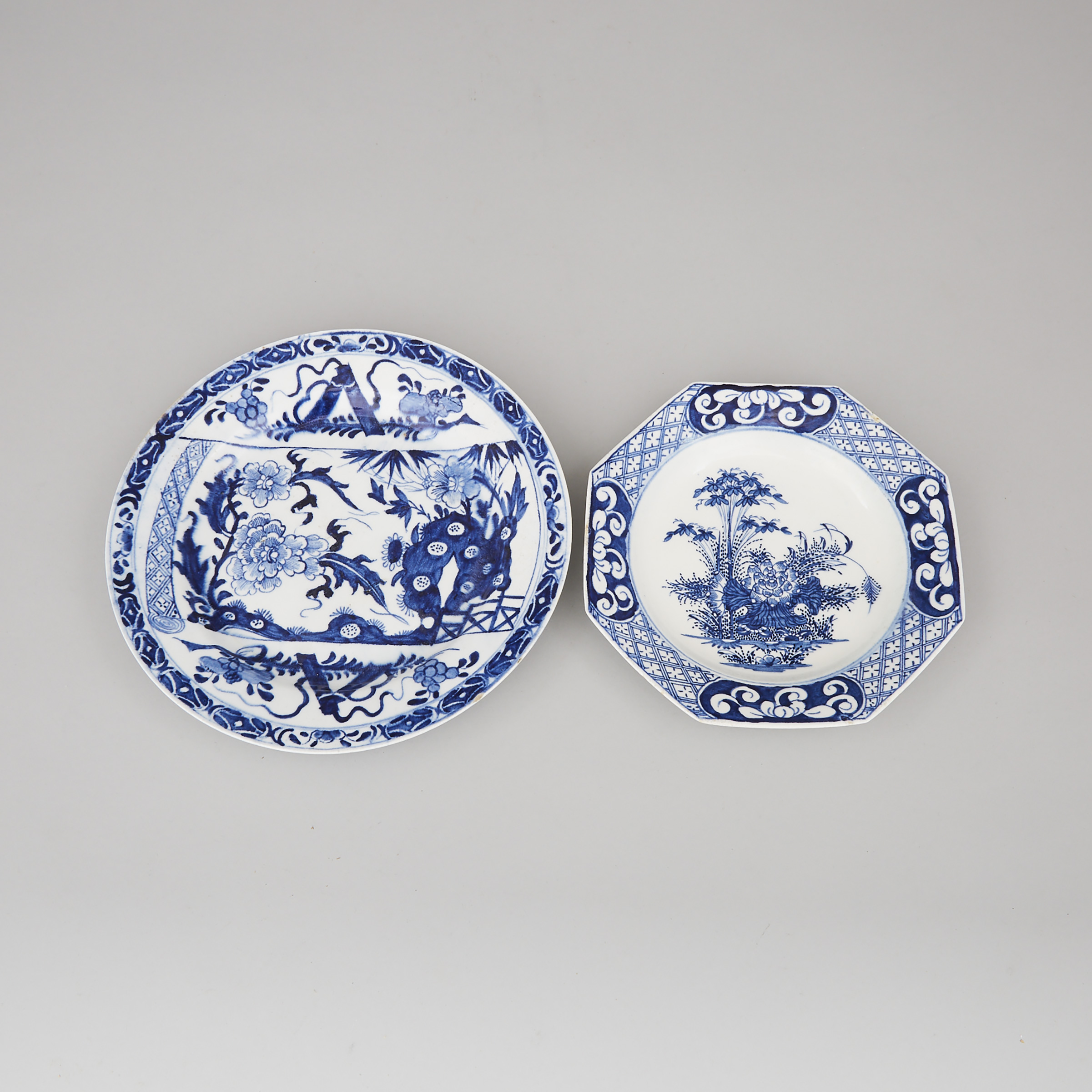 Bow Blue and White Octagonal Dish and a Larger Plate, c.1760