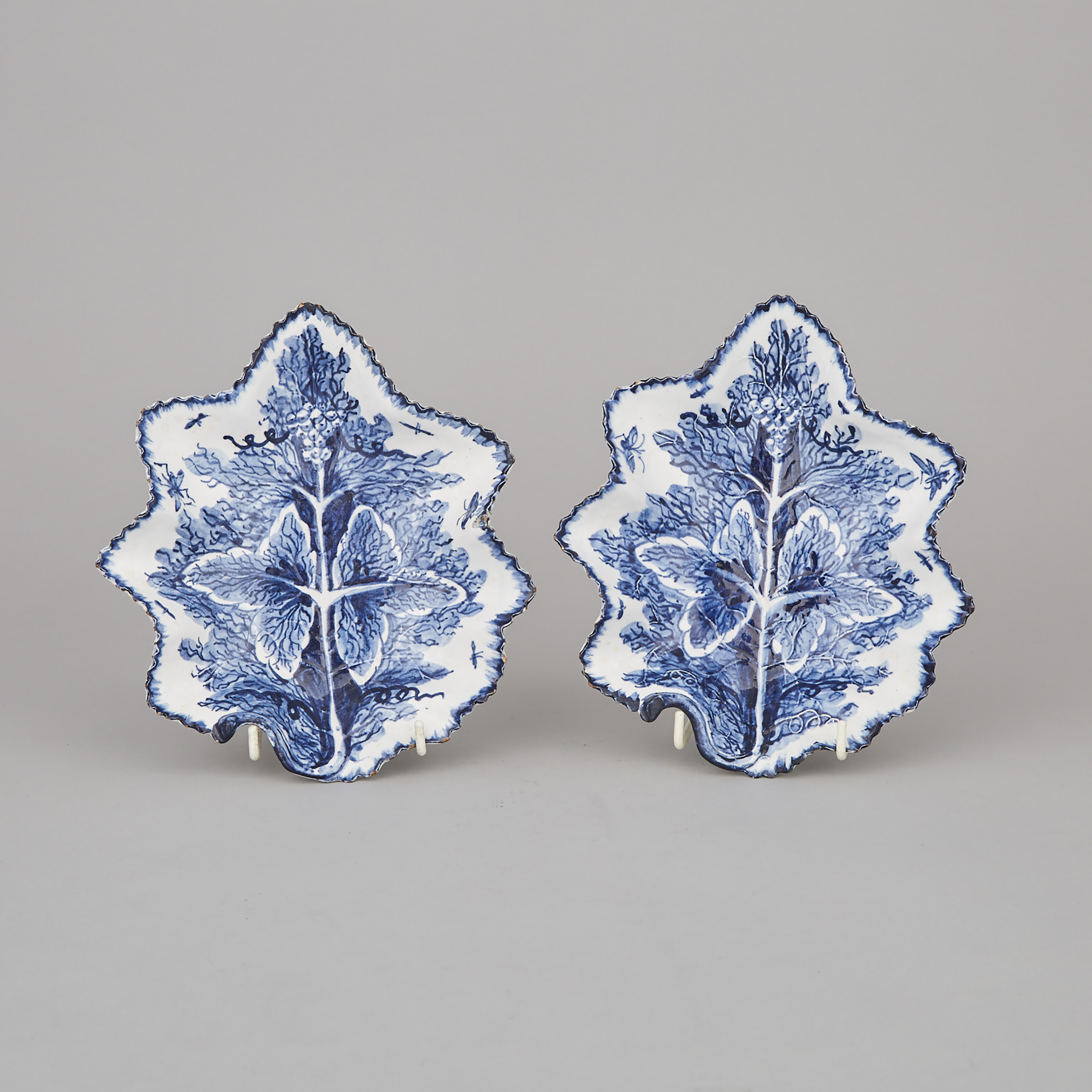 Pair of Bow Moulded Blue and White Leaf Shaped Dishes, c.1770