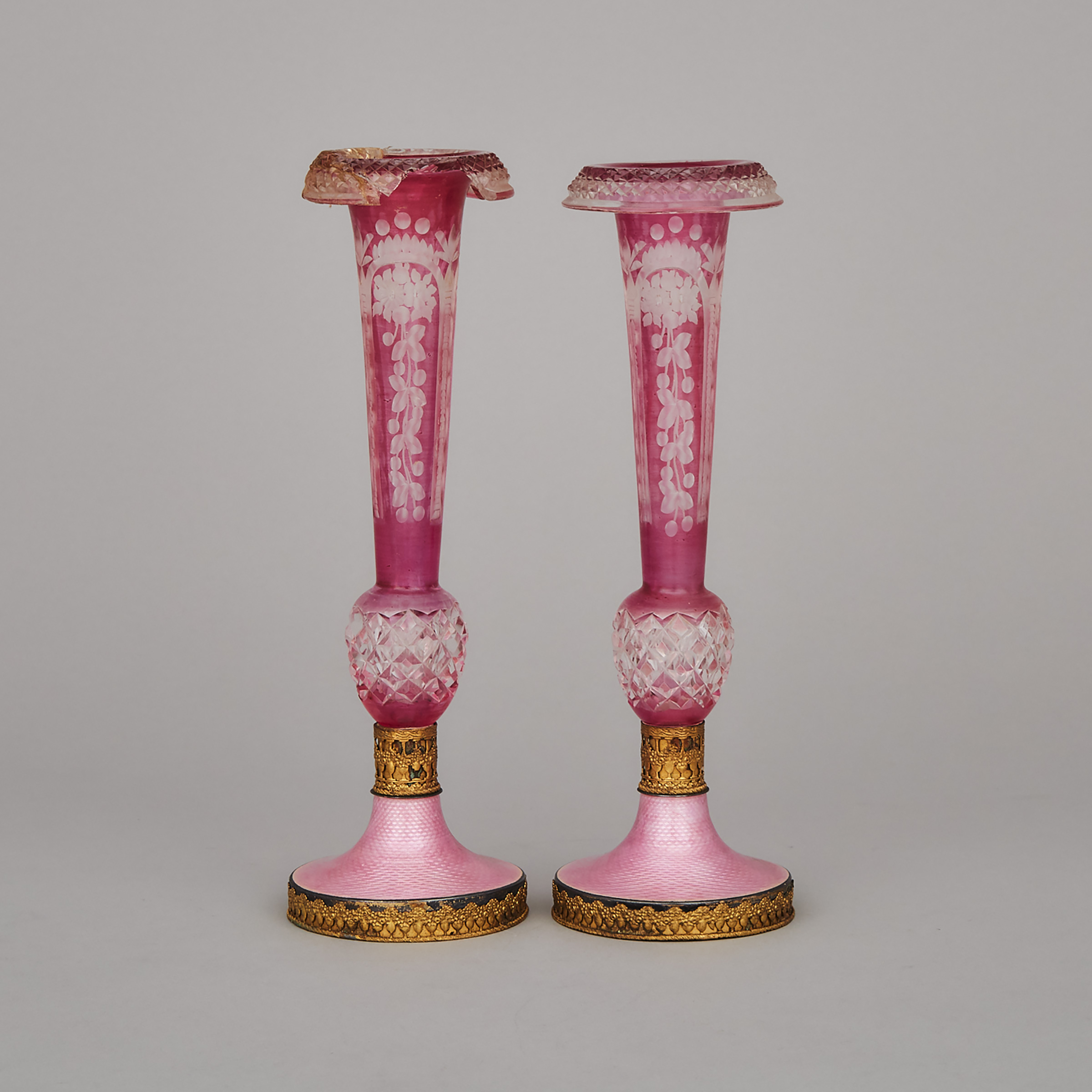 Pair of Continental Red Overlaid and Cut Glass, Gilt Brass and Guilloche Enameled Vases, c.1900