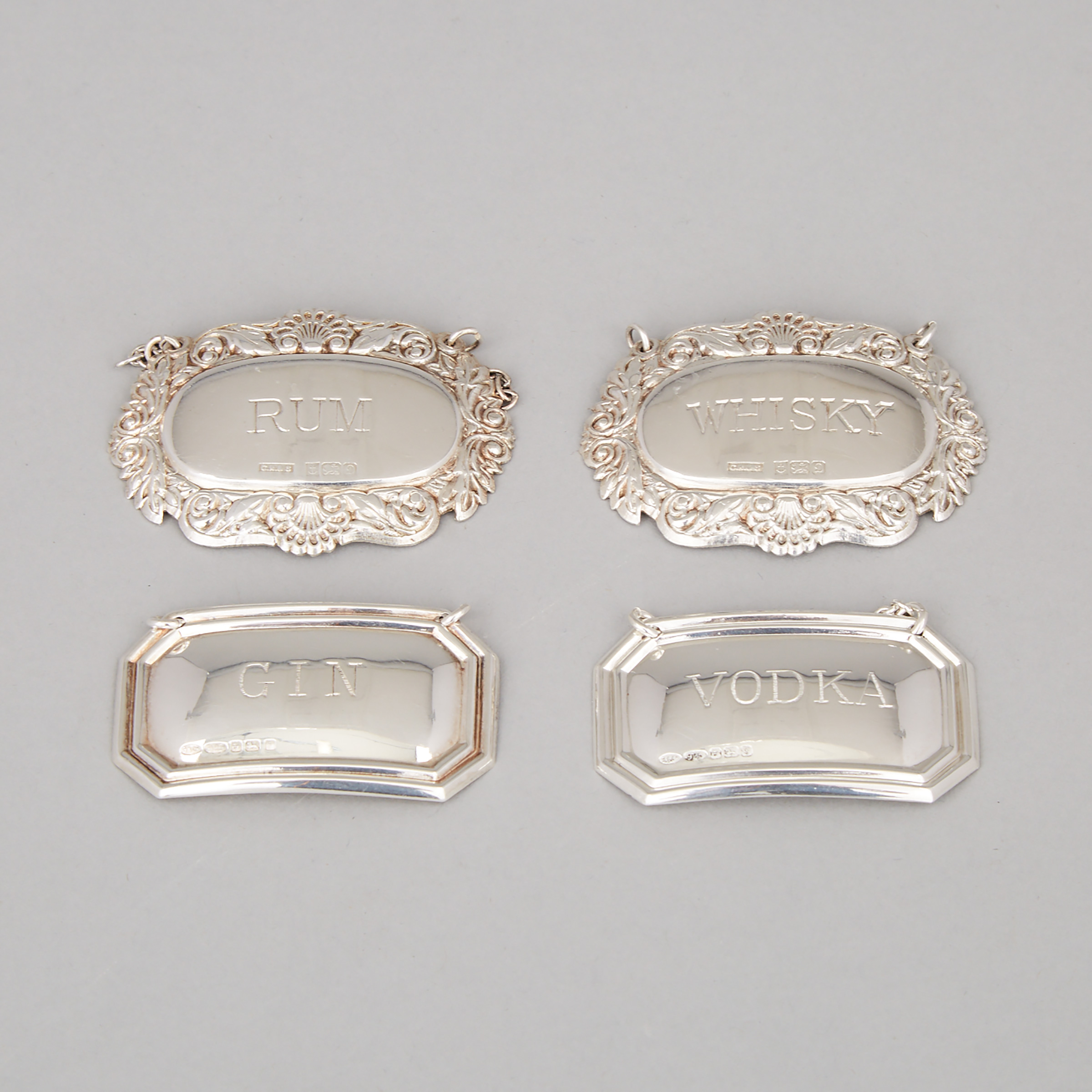 Four English Silver Spirit Decanter Labels, C. Robathan & Son and W.I. Broadway & Co., Birmingham, 1978-2006