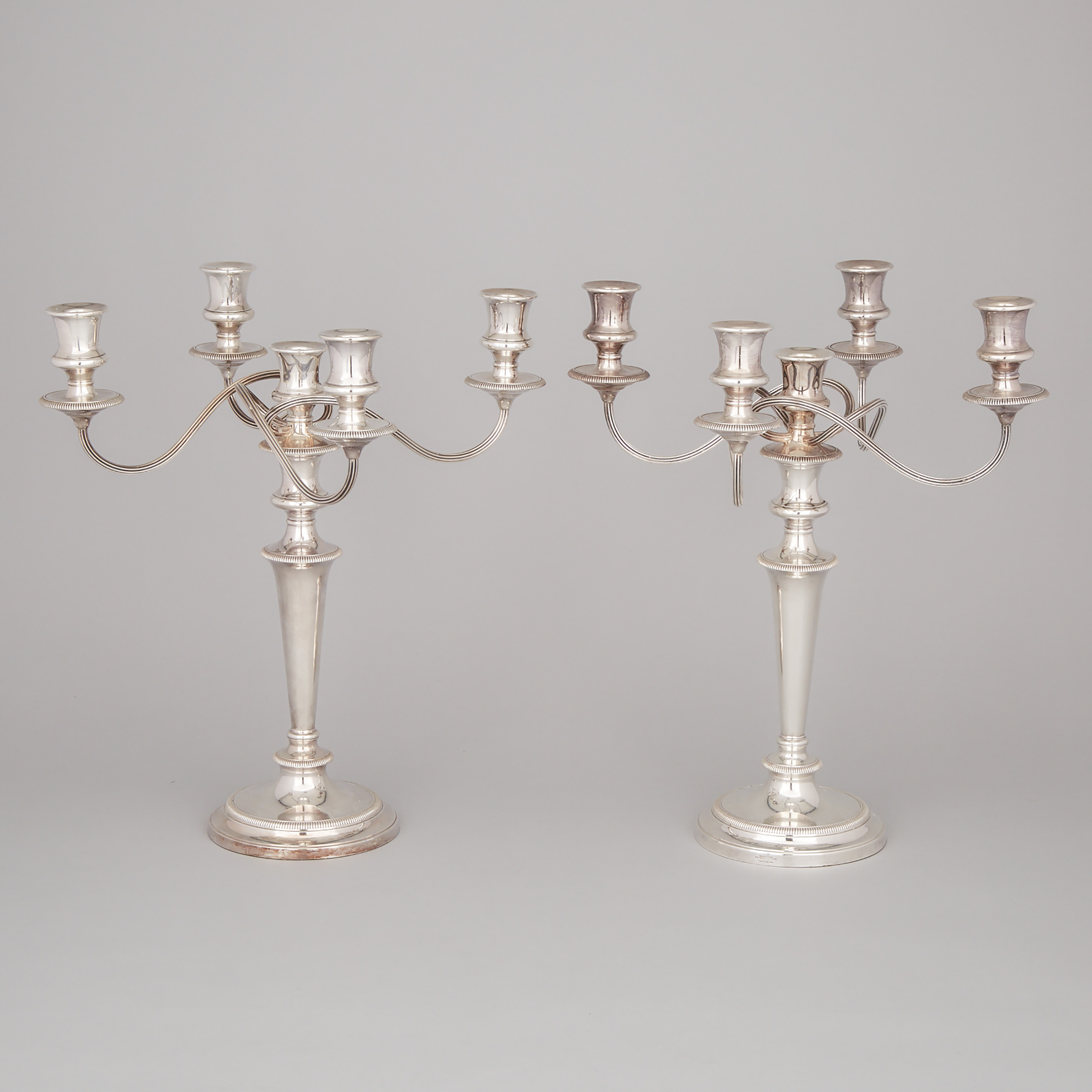 Pair of English Silver Plated Five-Light Candelabra, Barker Bros., 20th century
