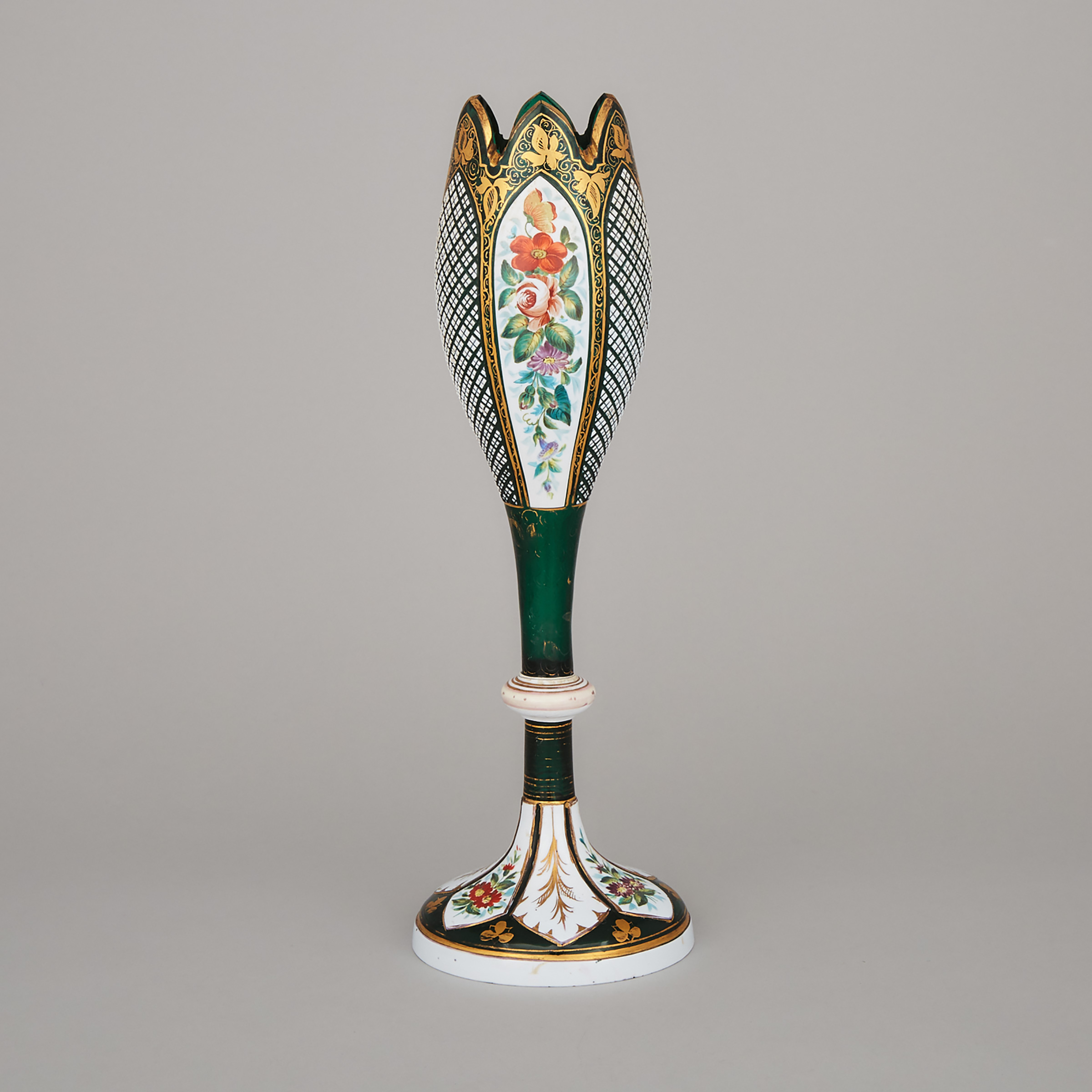 Bohemian Overlaid, Enameled and Gilt Green Glass Vase, late 19th century