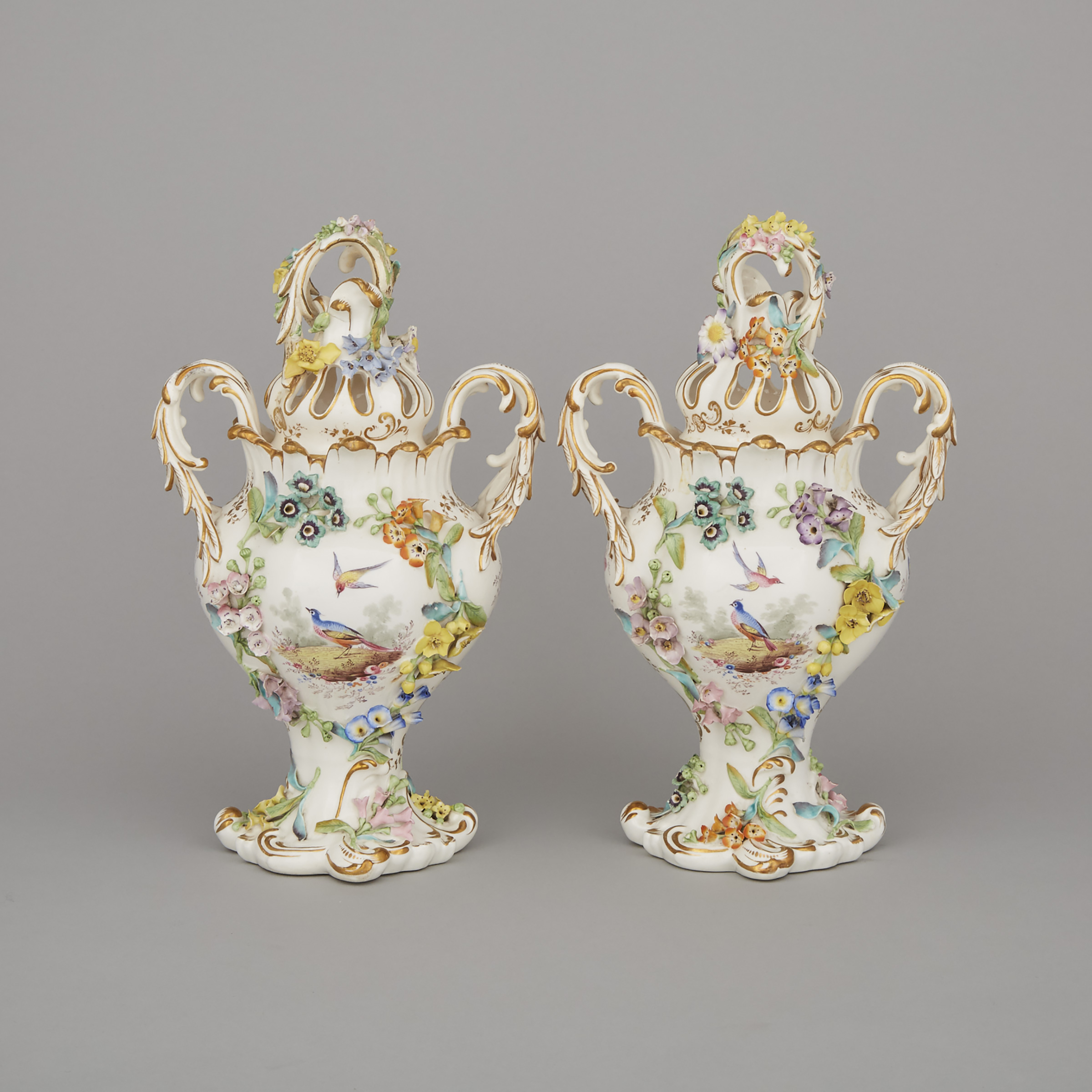 Pair of Coalbrookdale Flower-Encrusted Two-Handled Potpourri Vases and Covers, mid-19th century