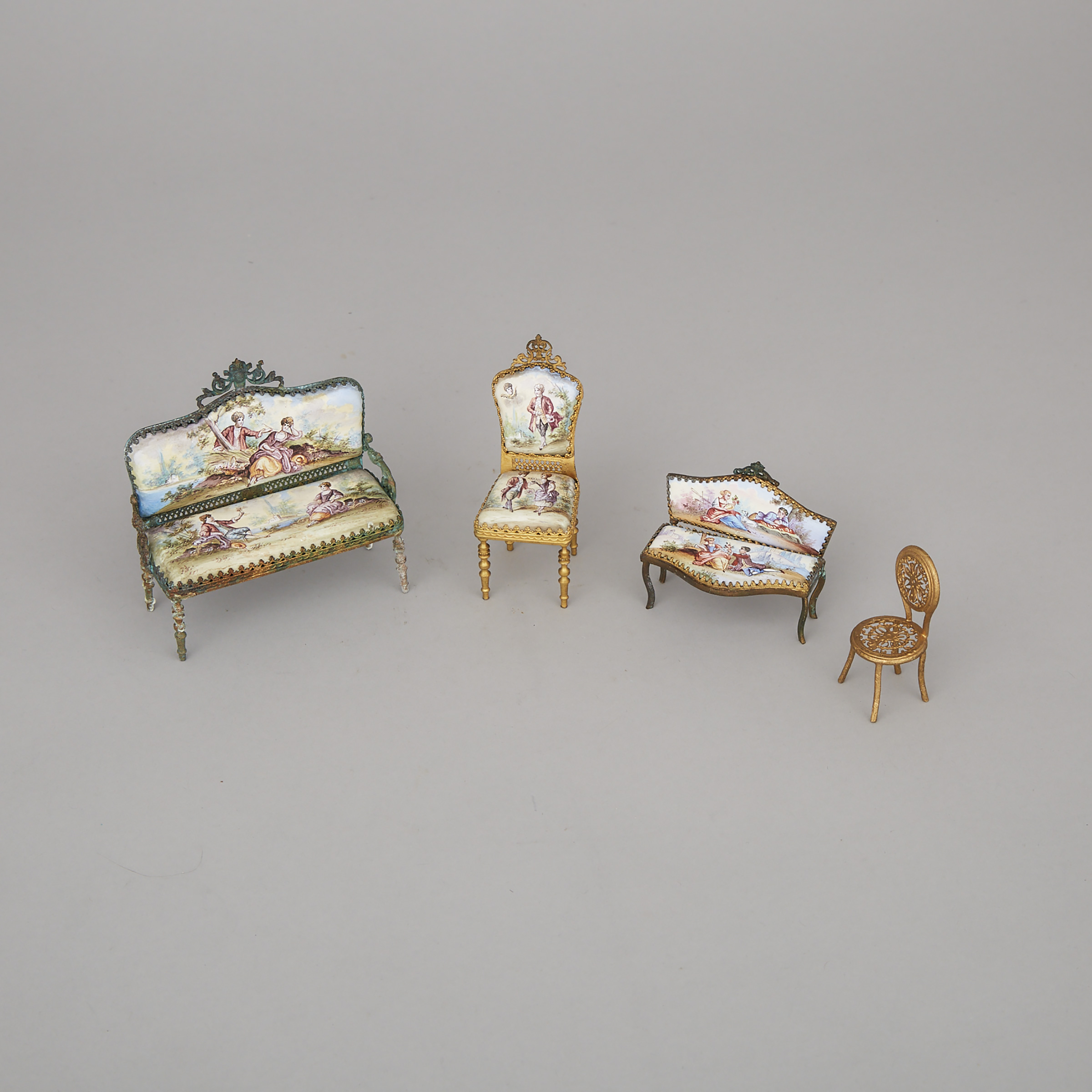 Three Pieces Viennese Enamel Mounted Miniature Oromolu Salon Furniture, early 20th century