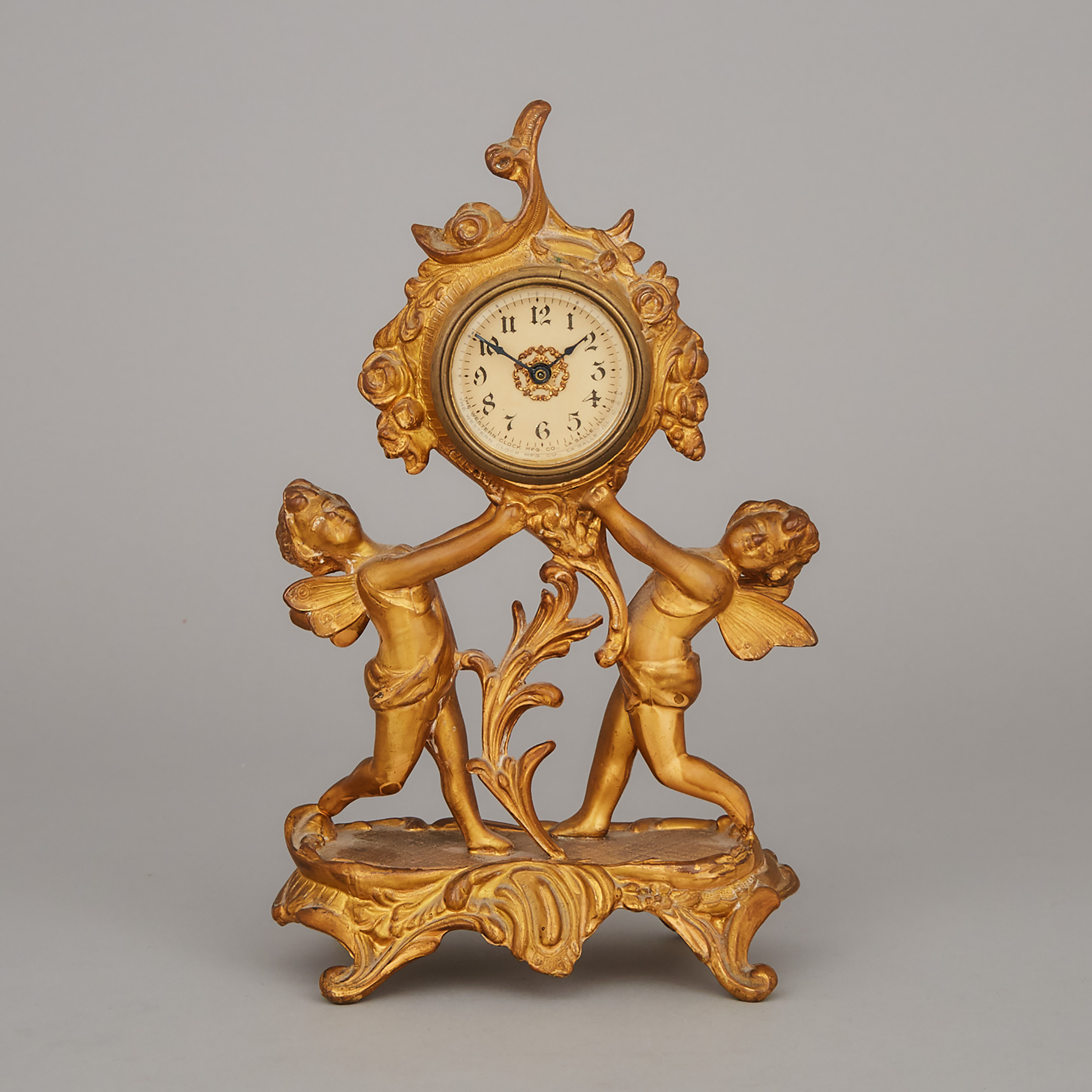American Rococo Style Gilt Metal Figural Boudoir Clock, c.1900 