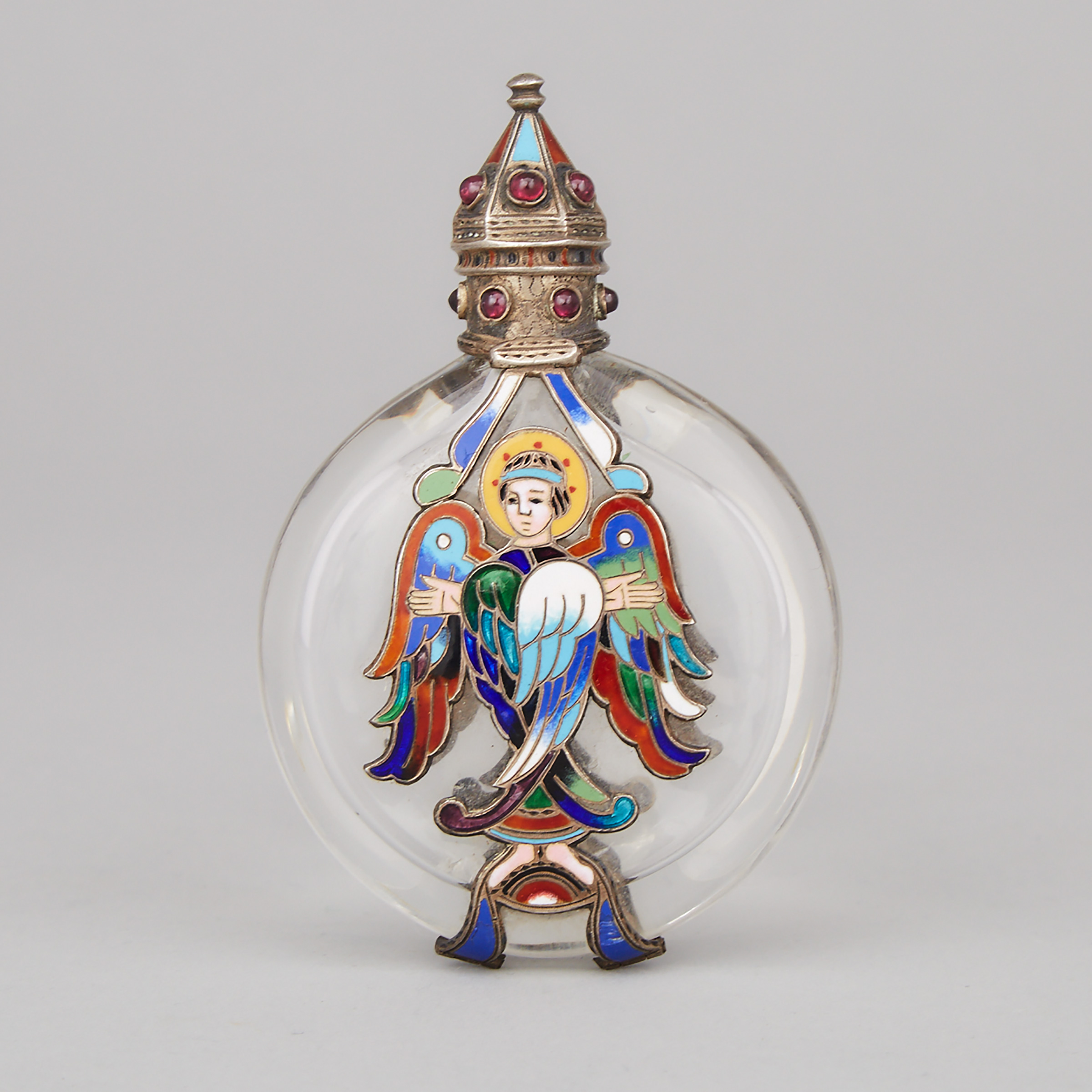 Continental Jeweled and Champlevé Enameled Silver Mounted Glass Scent Bottle, c.1900