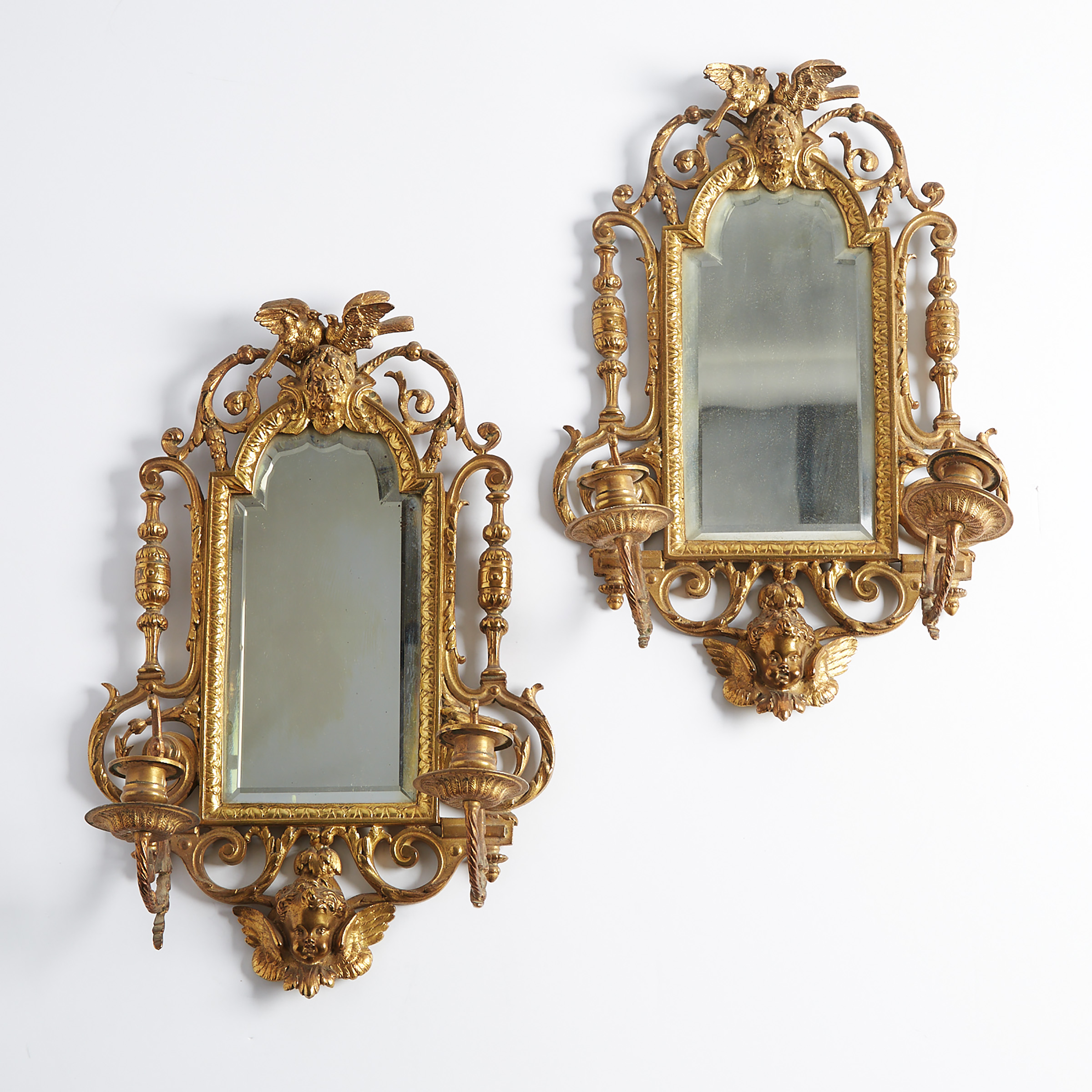 Pair of Napoleon III Gilt Bronze Two Branch Mirror Back Wall Sconces, 19th century