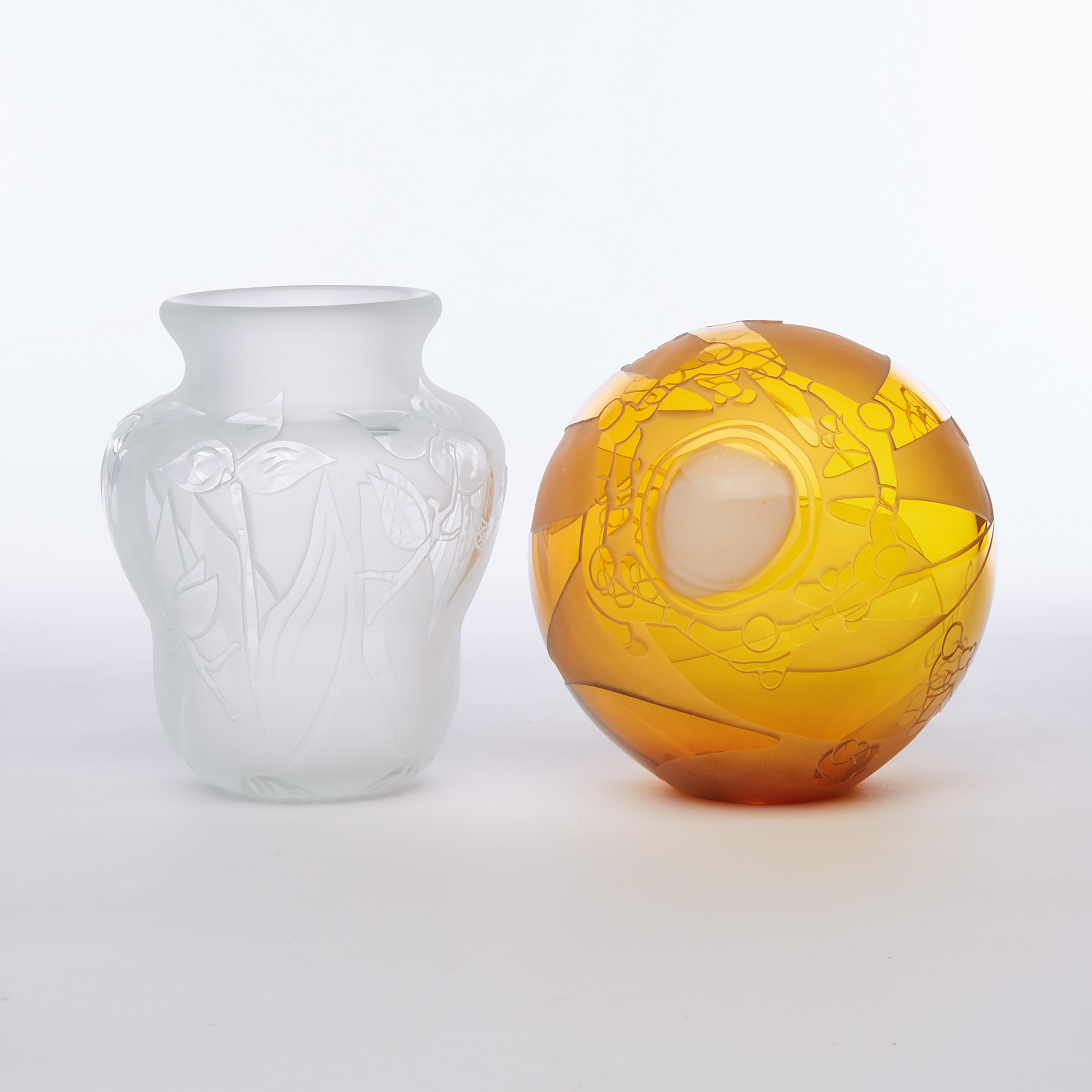 Kathryn Thomson (Canadian), 'Trillium Fairies' and 'Moon Dancing on the Sun' Cameo Glass Vase and Globe, 1980/82