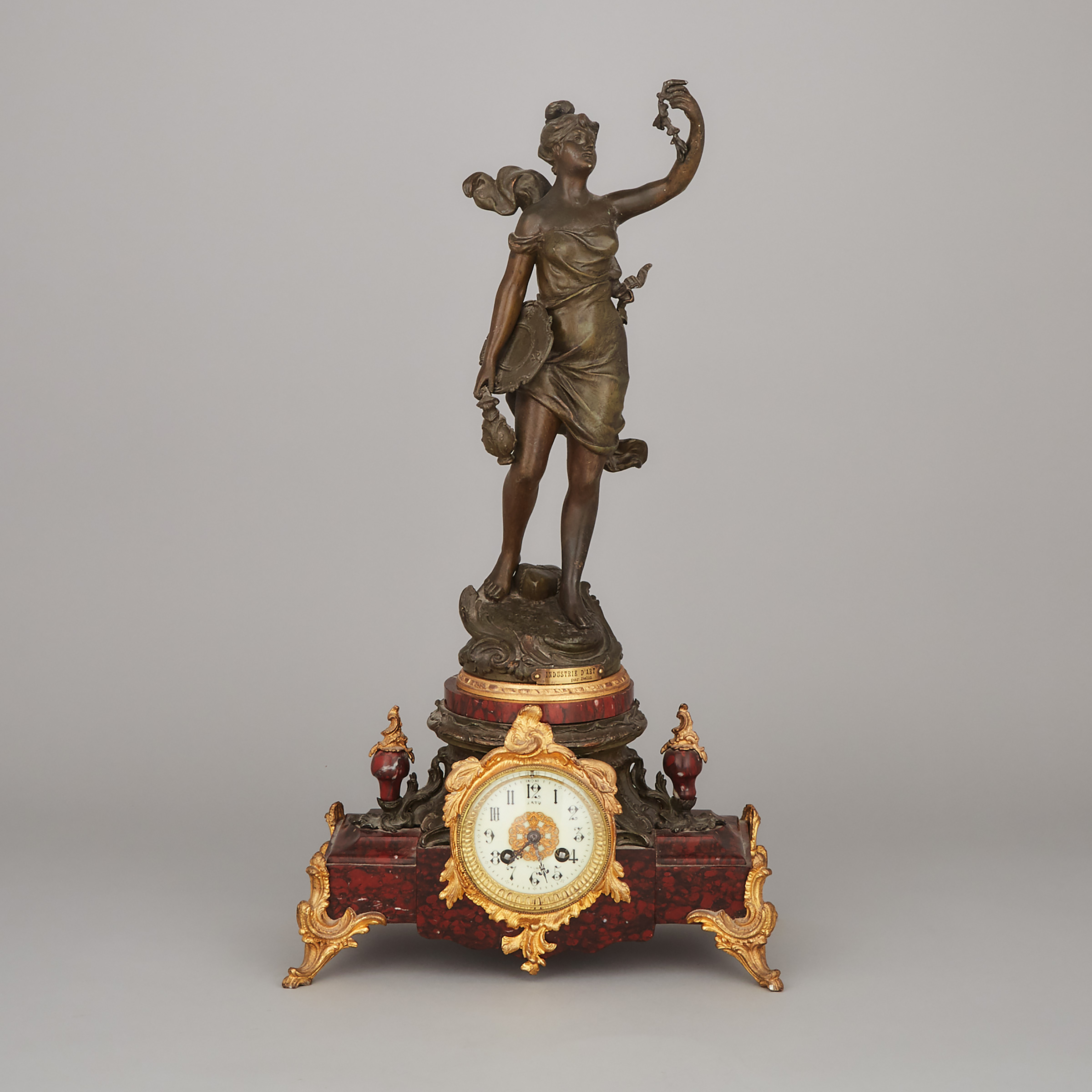 French Gilt and Patinated Metal Mounted Rouge Griotte Marble Mantel Clock, 19th century