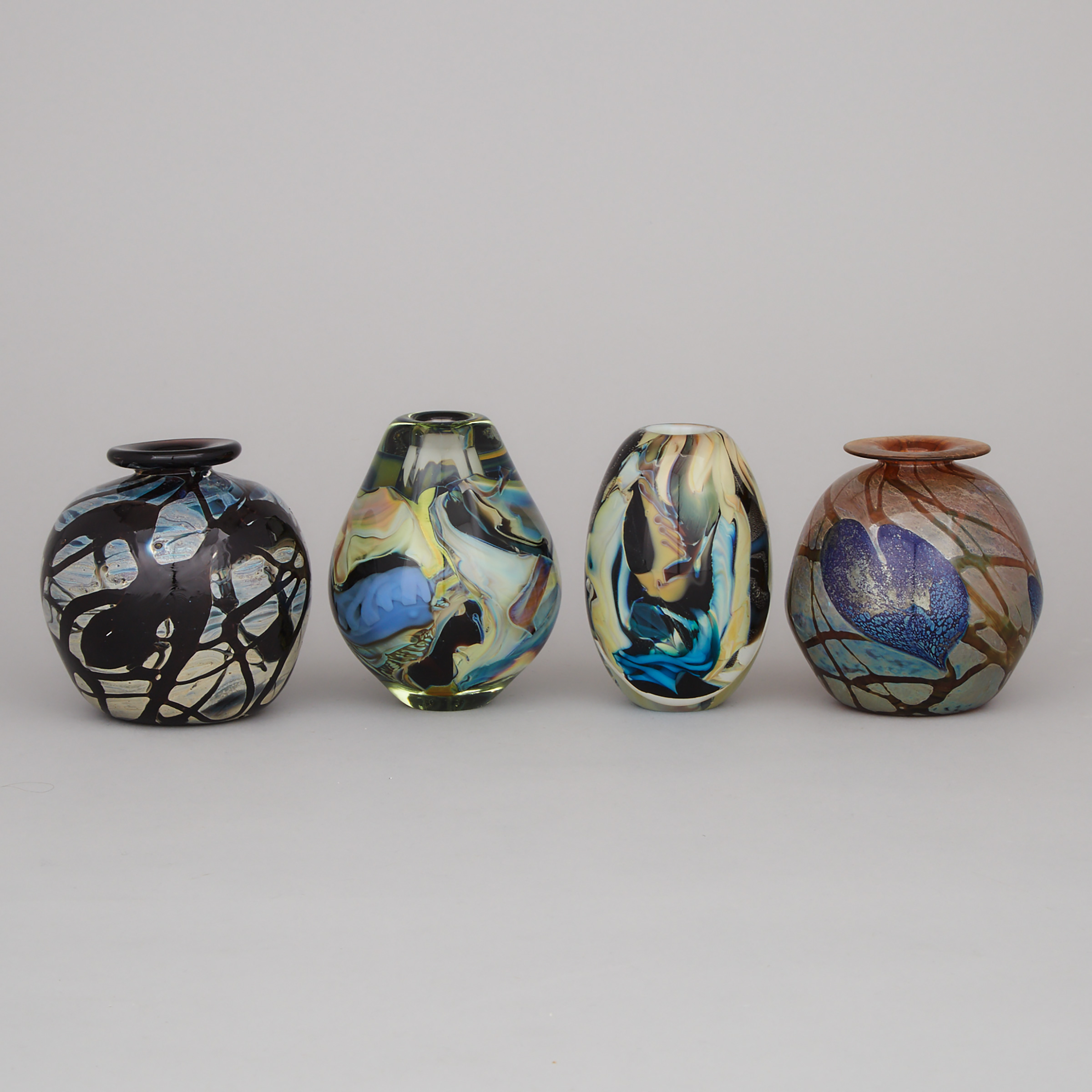 Four Studio Glass Vases, Mark Russel (2), Jon Sawyer, and Ed Roman, 1973-80