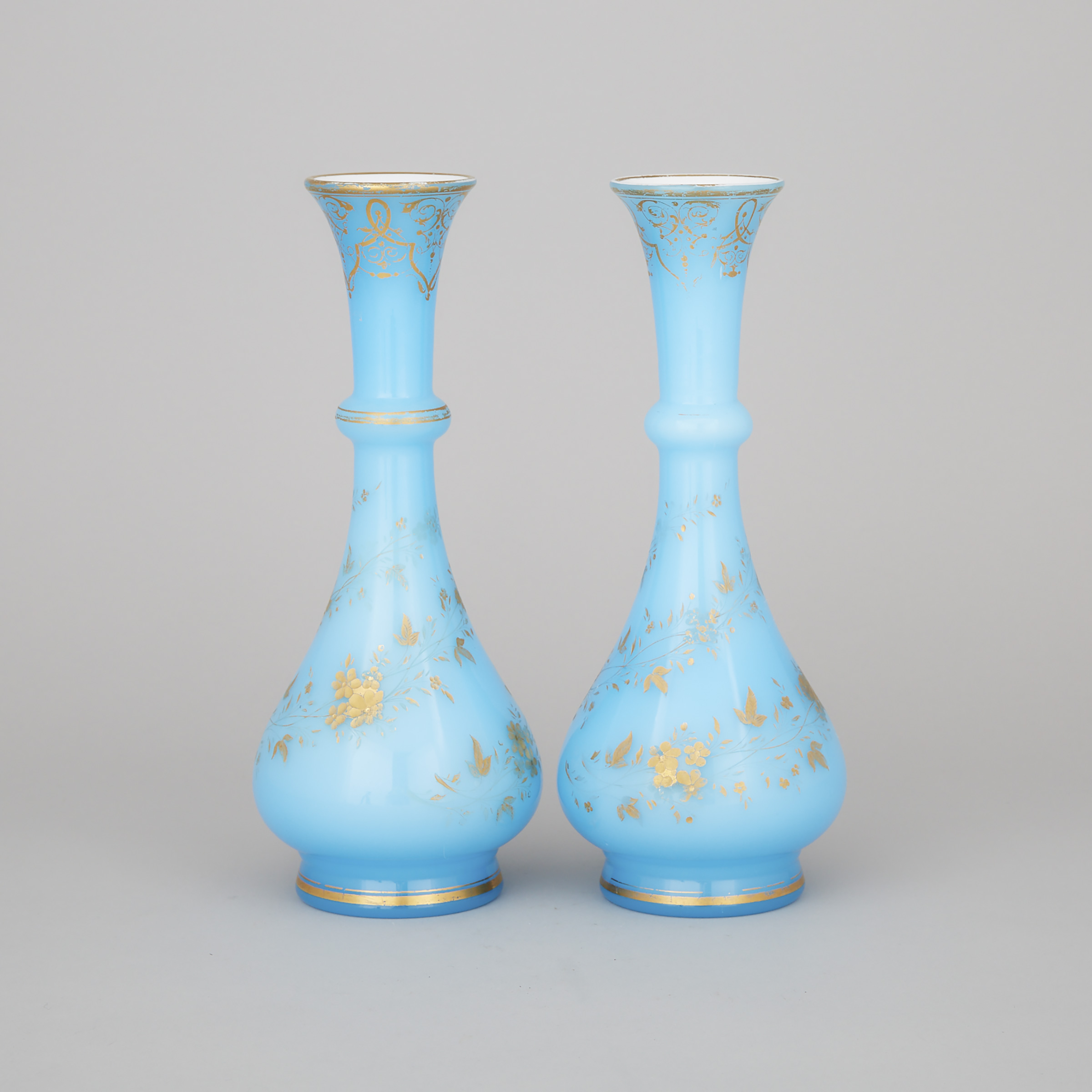 Pair of French Etched and Gilt Blue Opaline Glass Vases, 19th century