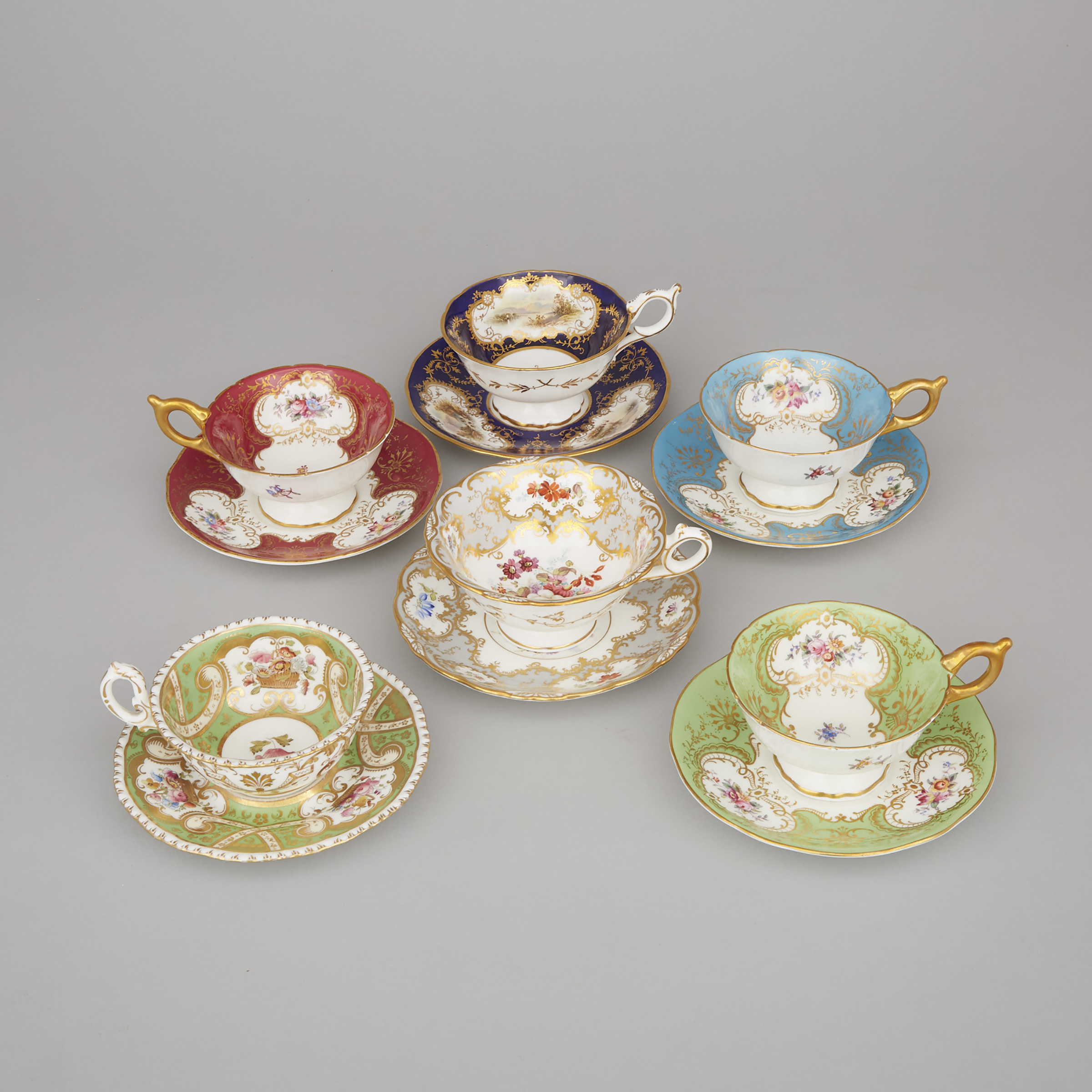 Six Various Coalport Tea Cups and Saucers, 20th century
