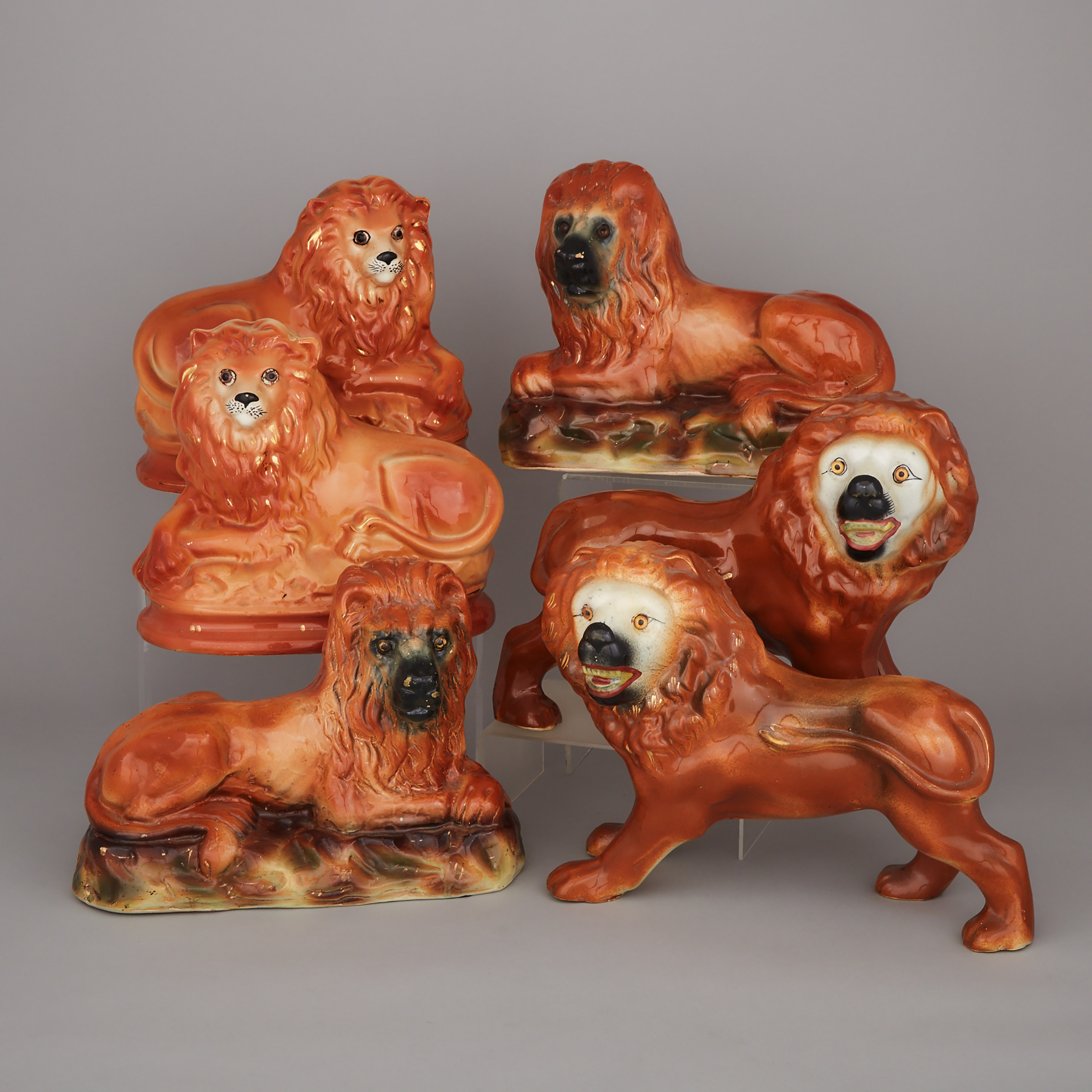 Three Pairs of Staffordshire Lions, late 19th/early 20th century