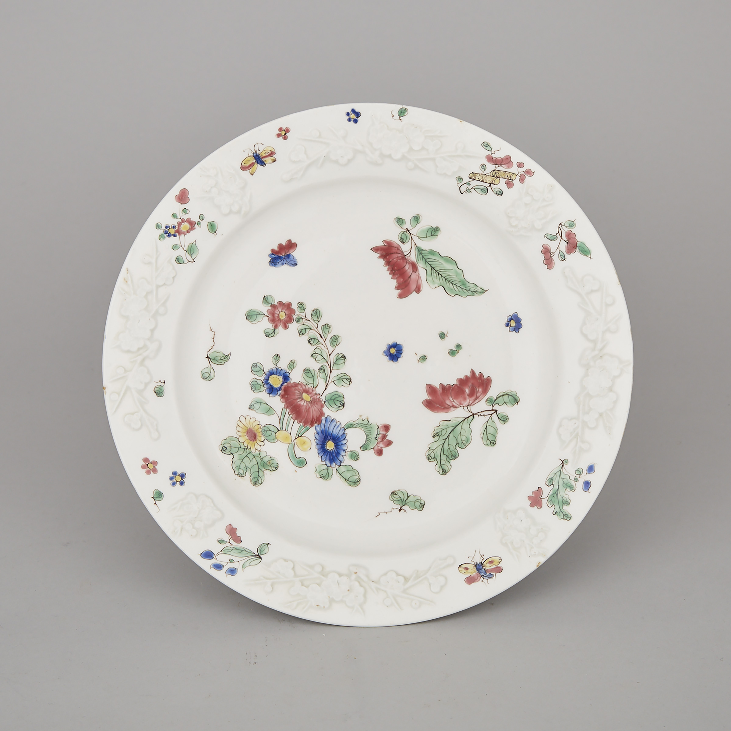 Bow Polychrome Decorated and Moulded Prunus Plate, c.1755