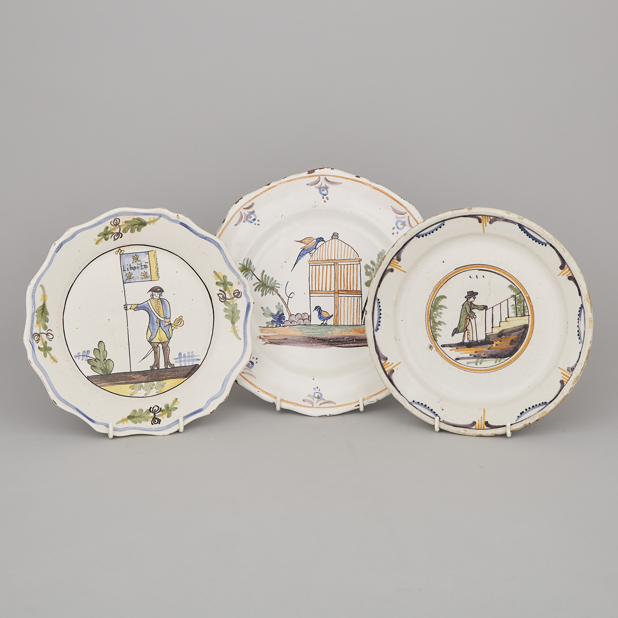 Three French Faience Polychrome Plates, late 18th/early 19th century