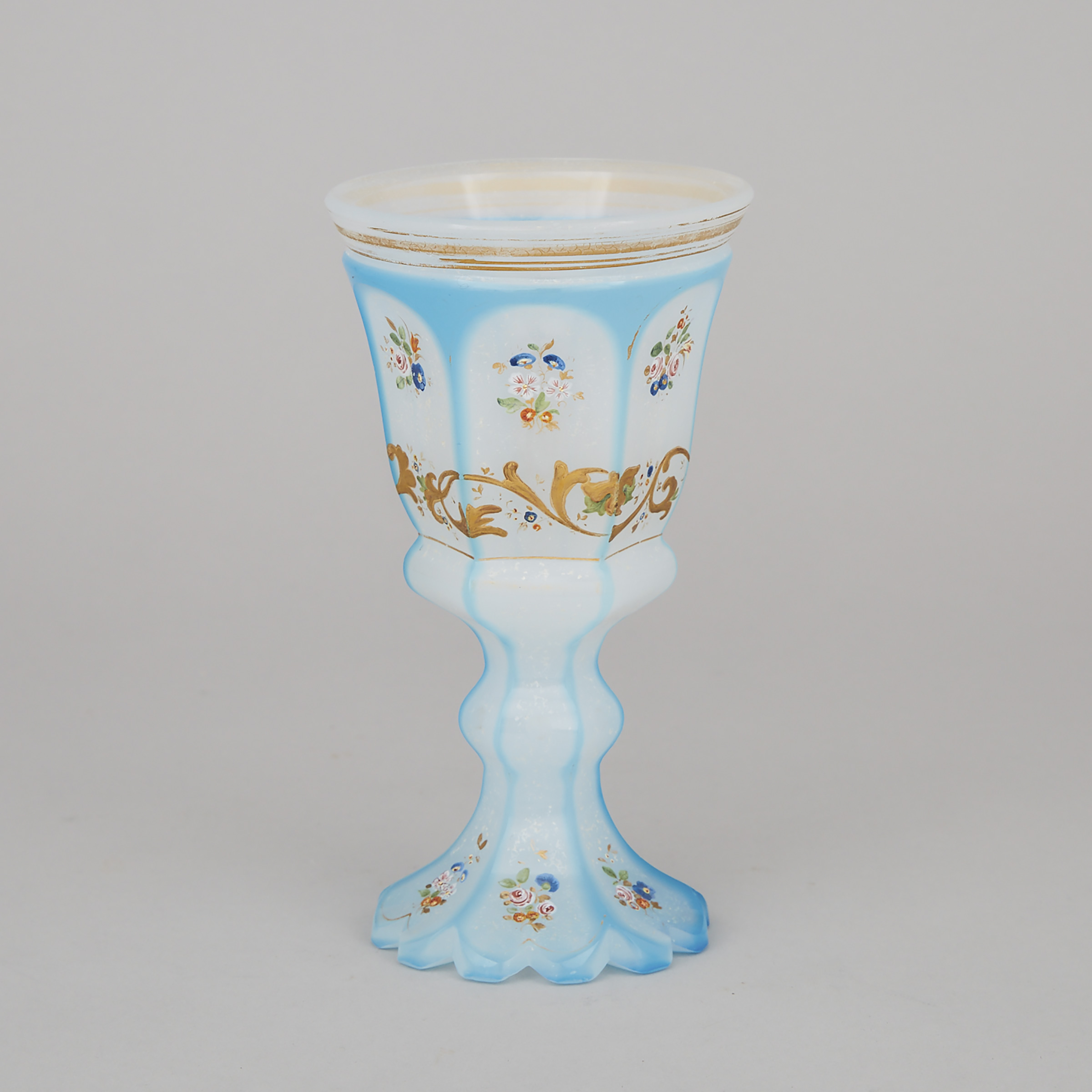 Bohemian Blue Overlaid, Cut, Enameled and Gilt Opaline Glass Goblet, mid-19th century