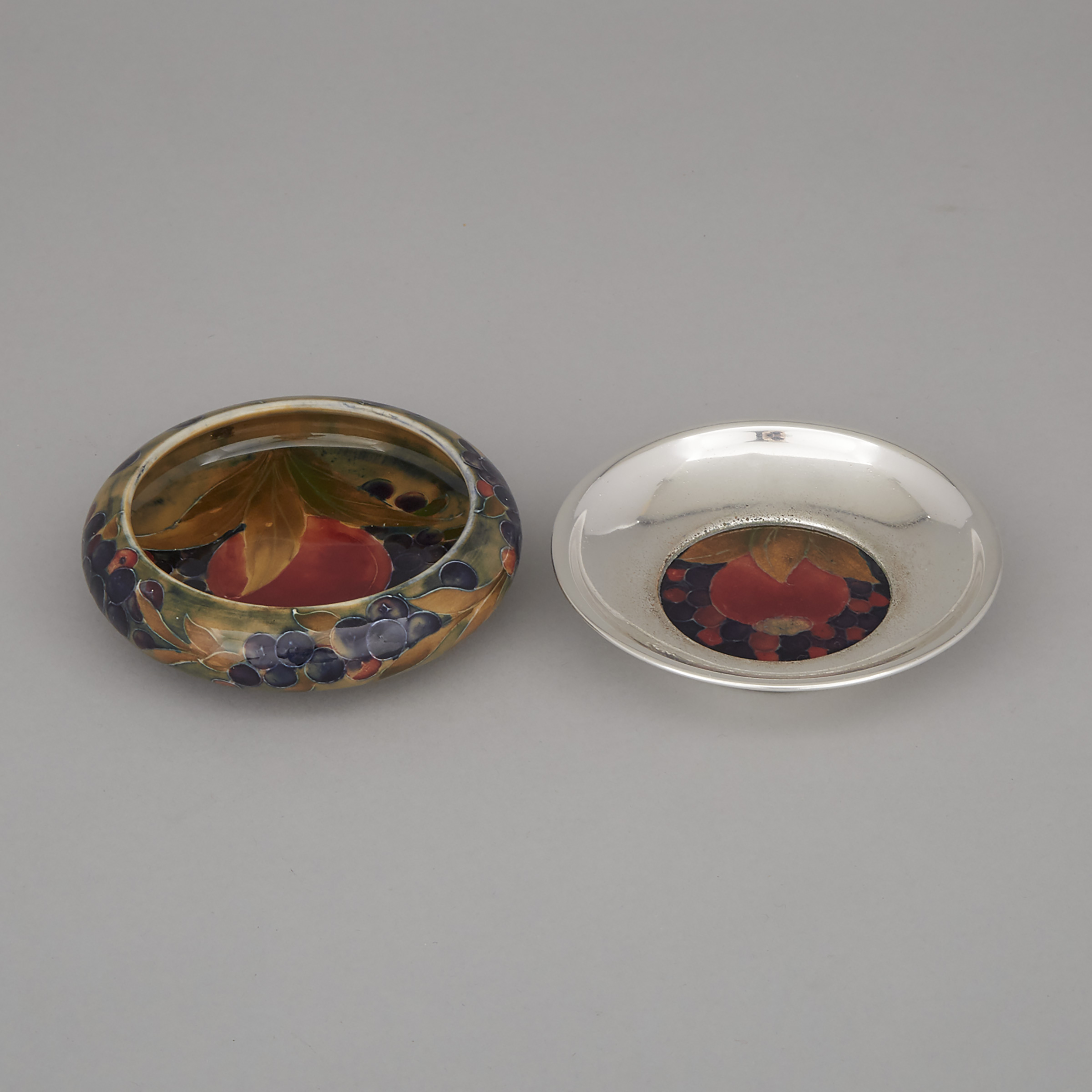 Macintyre Moorcroft Small Pomegranate Dish and Another with Silvered Metal Mount, c.1912/30