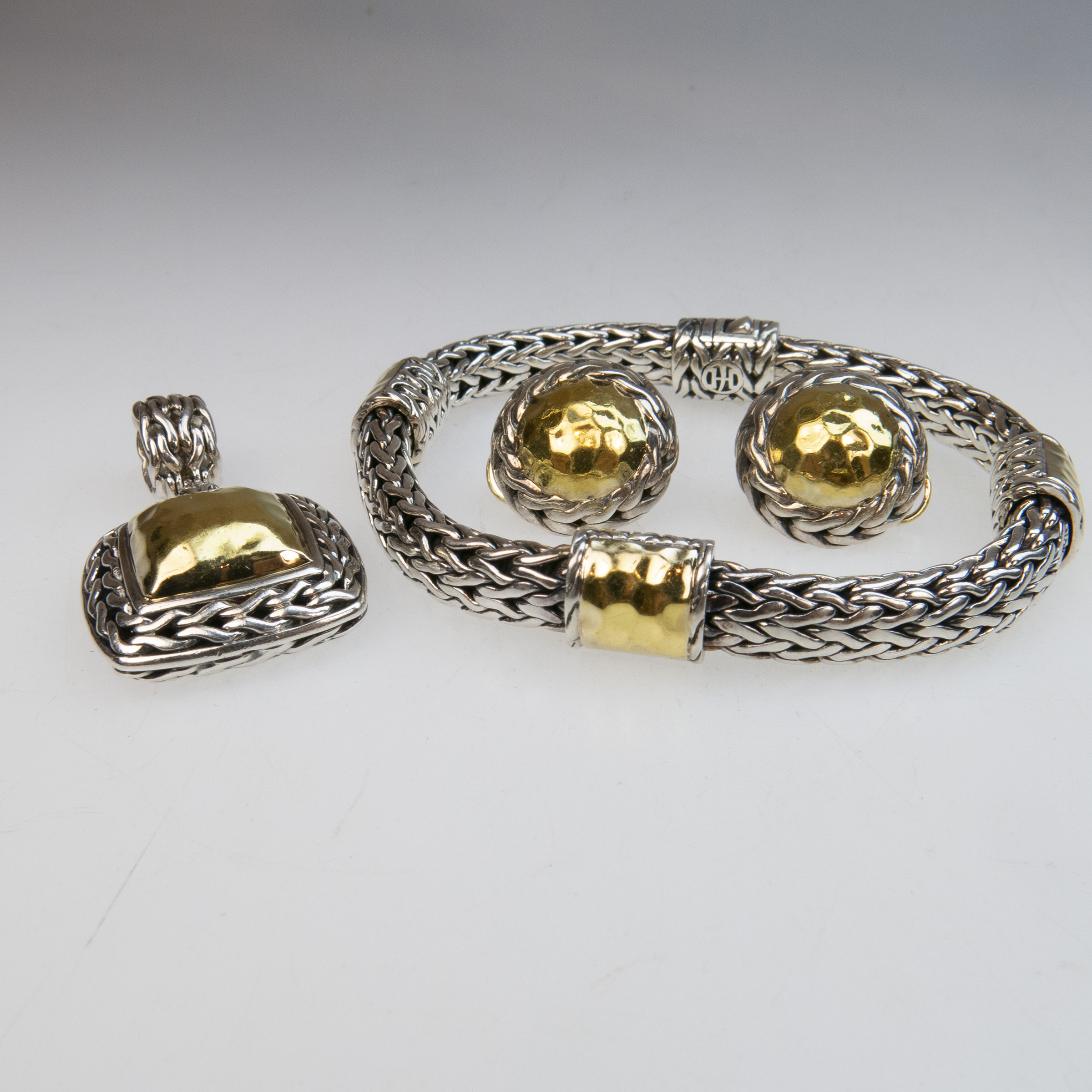 Four Piece John Hardy Sterling Silver And 22k Yellow Gold Jewellery Suite
