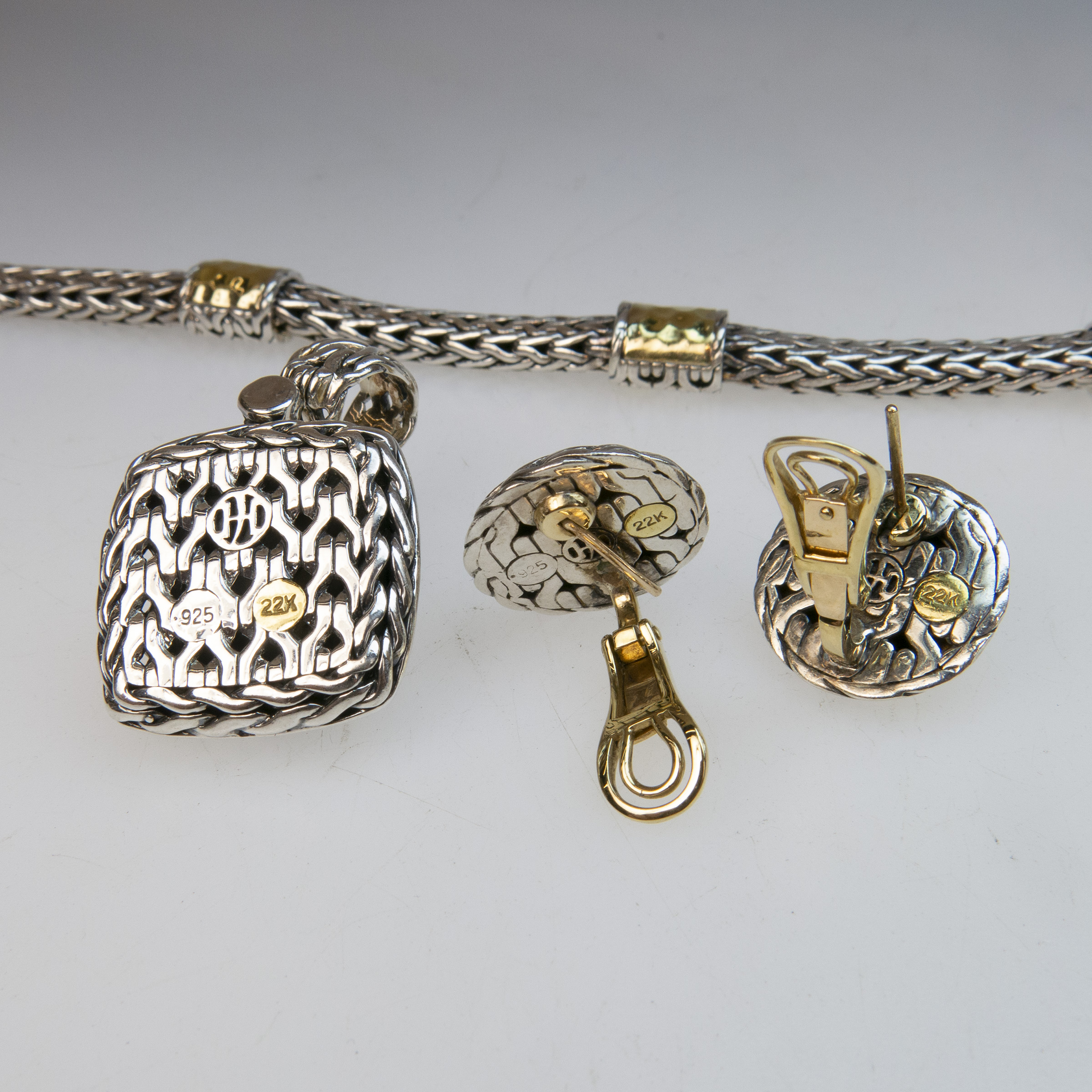 Four Piece John Hardy Sterling Silver And 22k Yellow Gold Jewellery Suite