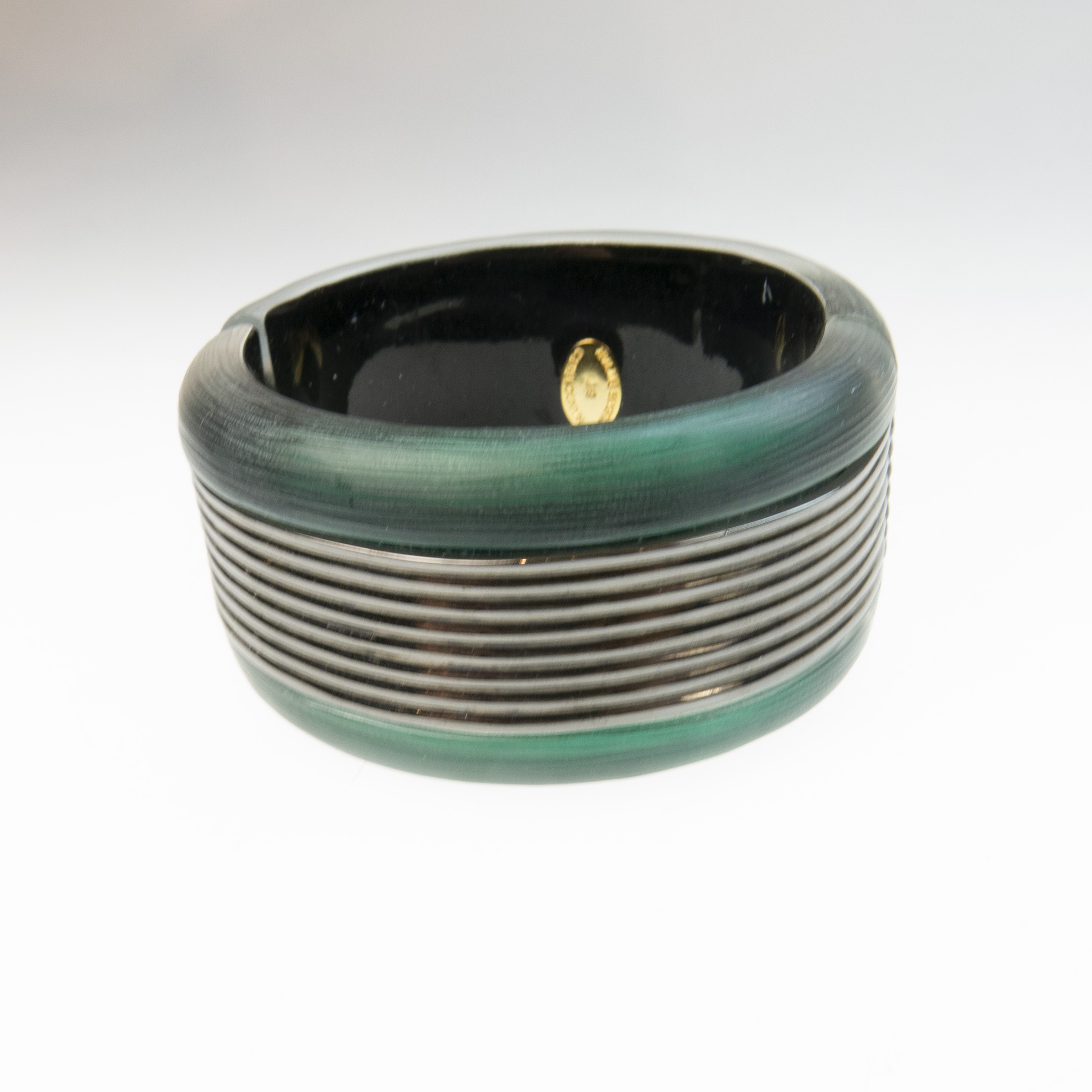 Alexis Bittar Carved Green Lucite and Black Tone Metal Spring Hinged Bangle