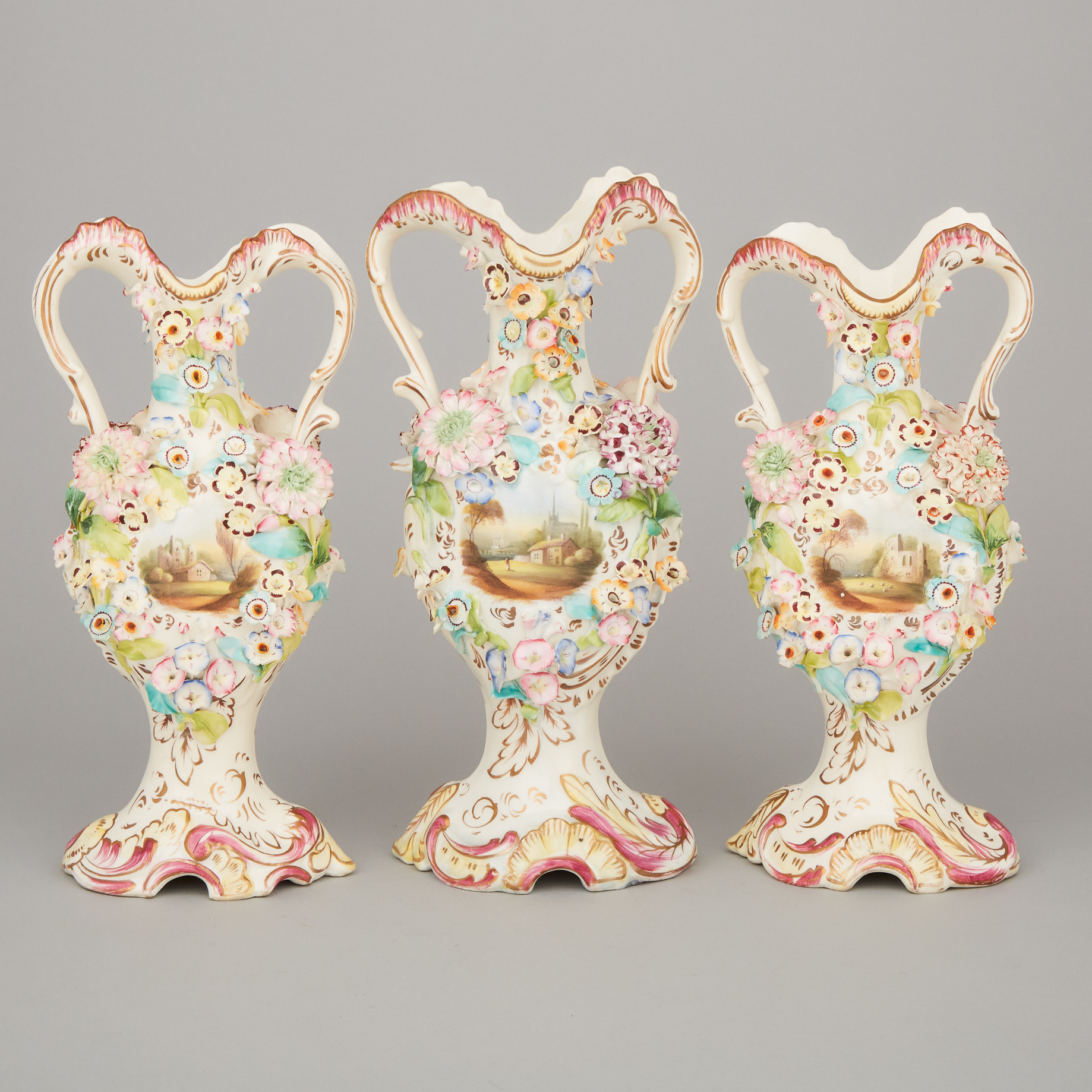 Garniture of Three  Coalbrookdale Type Flower Encrusted Two-Handled Vases, 19th century