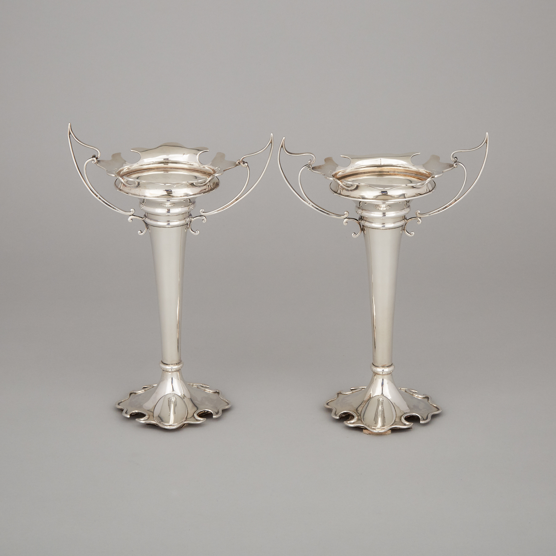 Pair of Edwardian Silver Two-Handled Vases, Elkington & Co., Birmingham, 1907