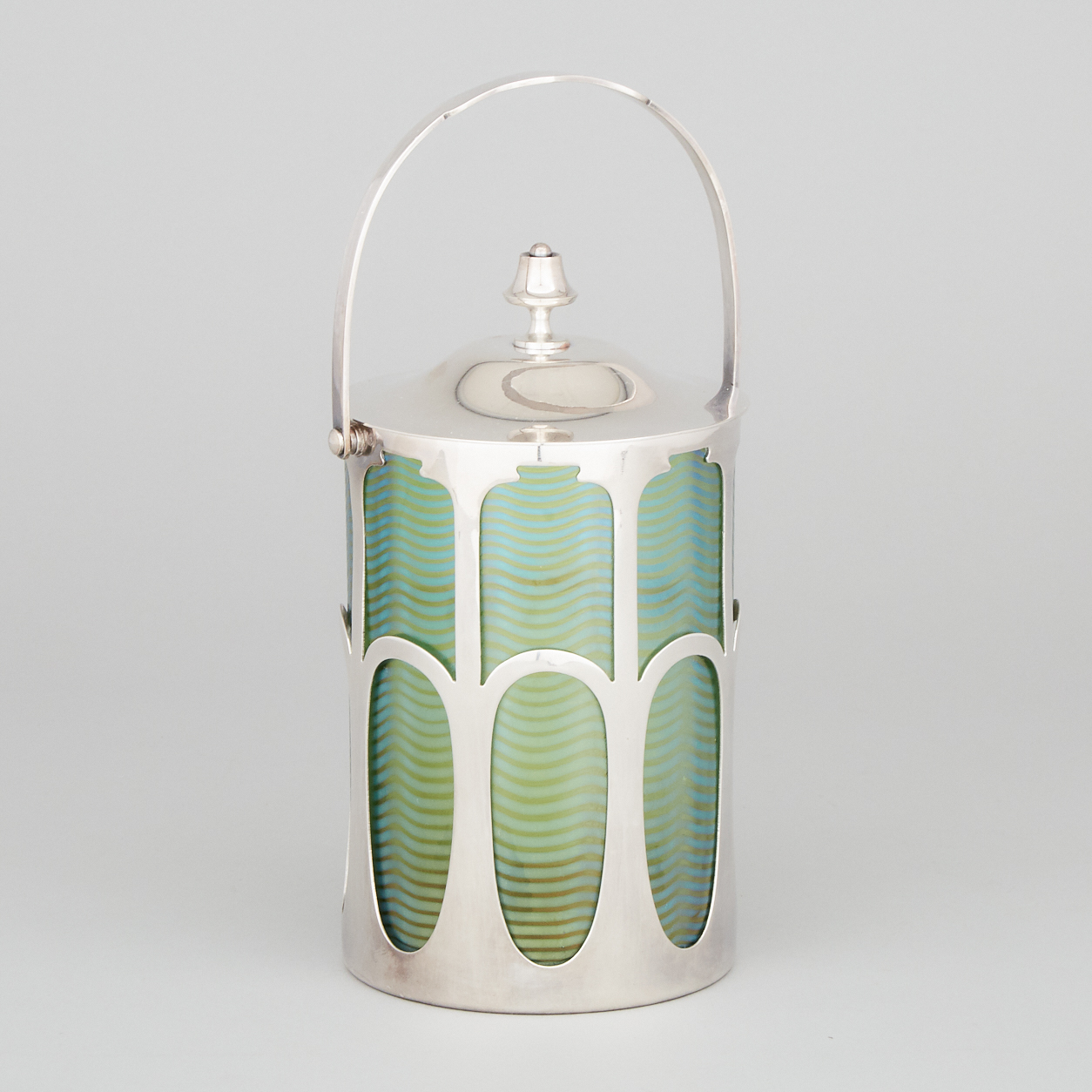 Bohemian Iridescent Glass and Silver Plate Mounted Biscuit Jar, probably Loetz, c.1900