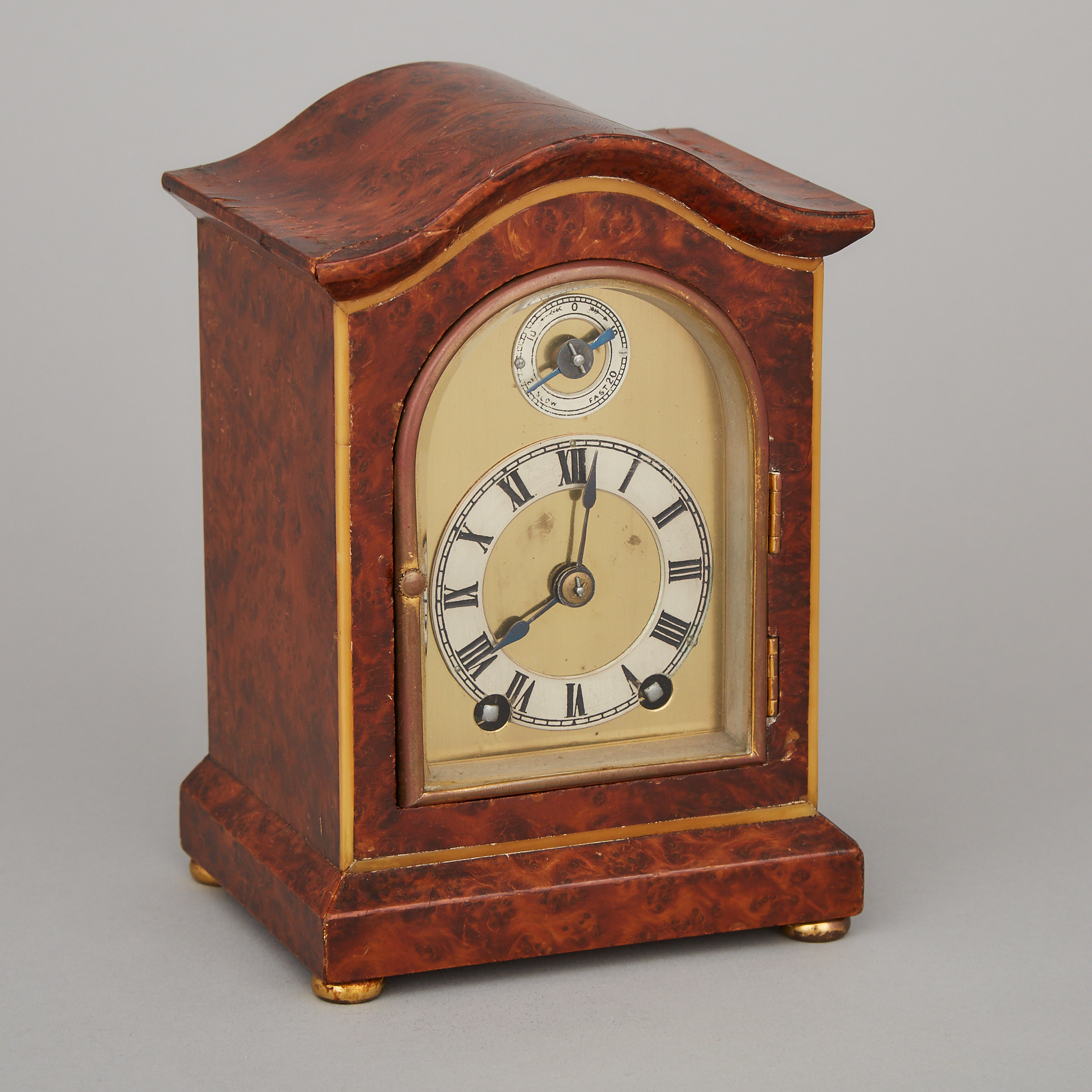 French Miniature Burl Walnut Quarter Striking Bracket Clock, 19th century