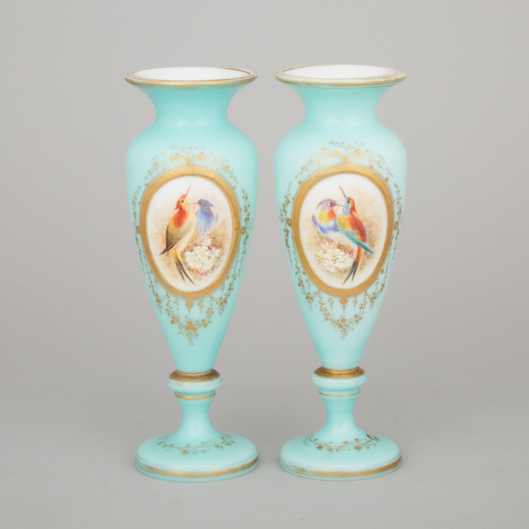 Pair of French Blue Overlaid, Enameled and Gilt Opaline Glass Vases, c.1870