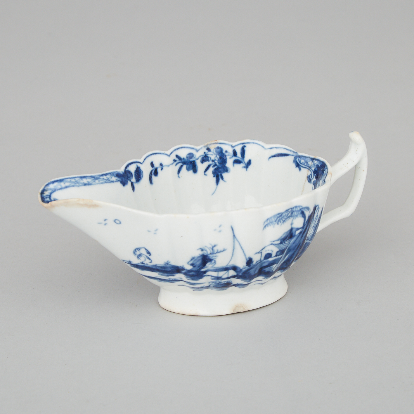 Worcester Blue Painted 'Fringed Tree' Fluted Sauce Boat, c.1755-60