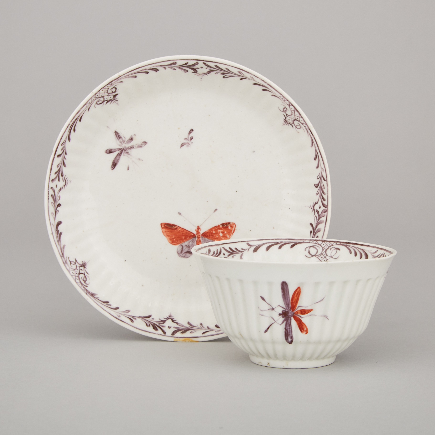 English Porcelain Fluted Tea Bowl and Saucer, possibly Worcester, c.1760
