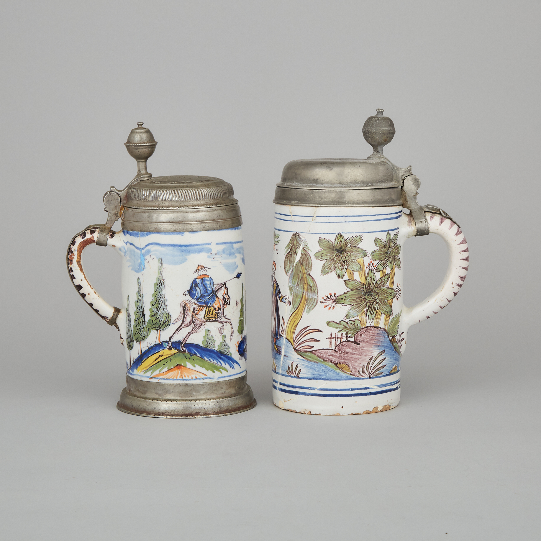 Two German Pewter Mounted Faience Steins, c.1748 and 1768