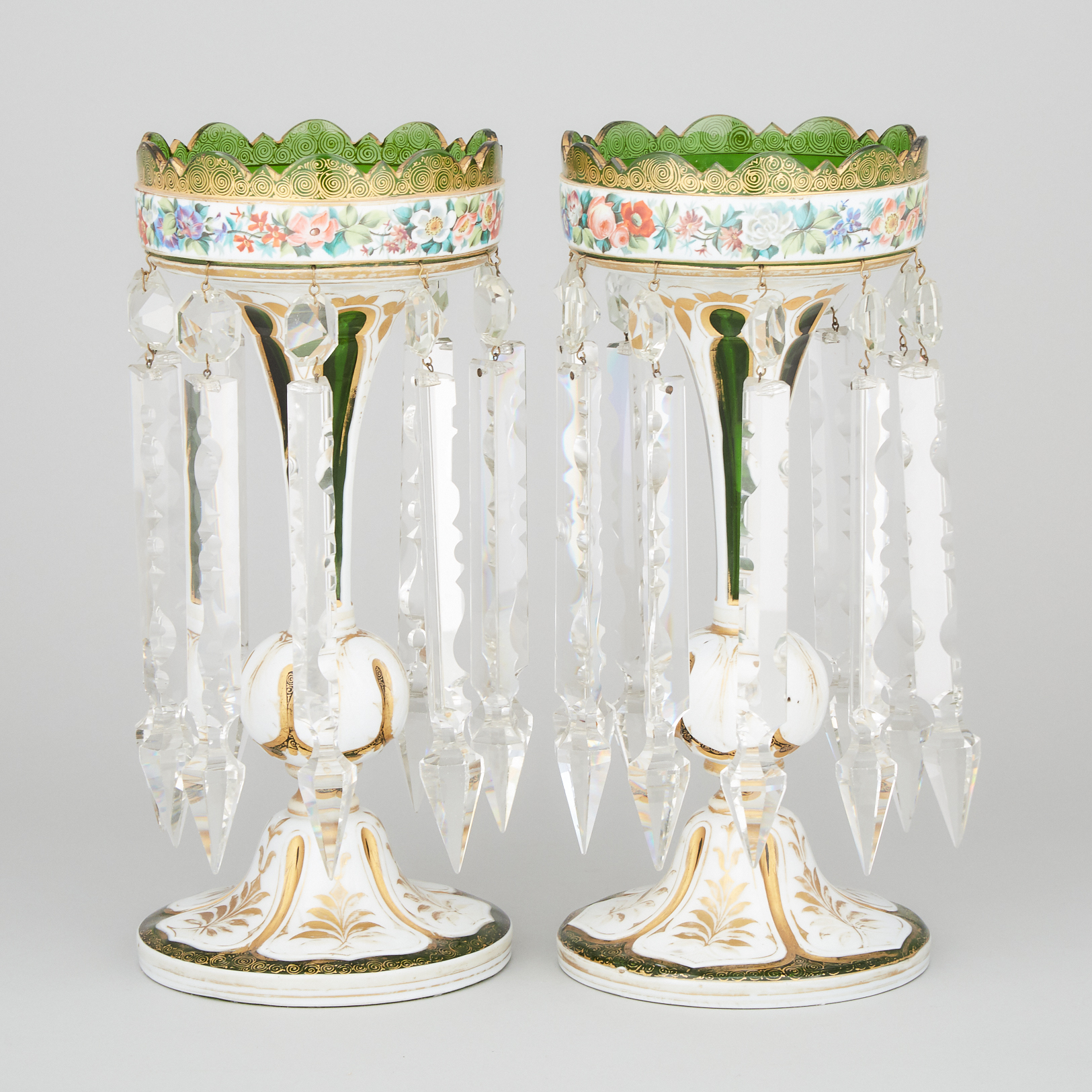 Pair of Bohemian Overlaid and Enameled Green Glass Lustres, late 19th/early 20th century