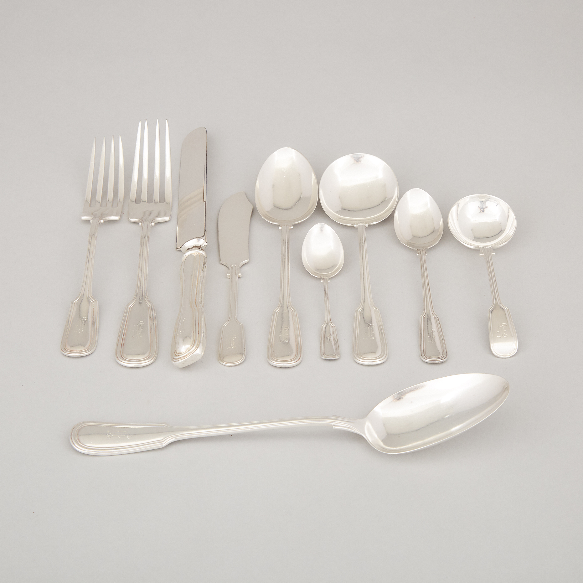 Canadian and English Silver Fiddle and Thread Pattern Flatware, J.E. Ellis & Co., Toronto, Ont. and Harrison Bros. & Howson of Sheffield for Birks-Ellis,  20th century