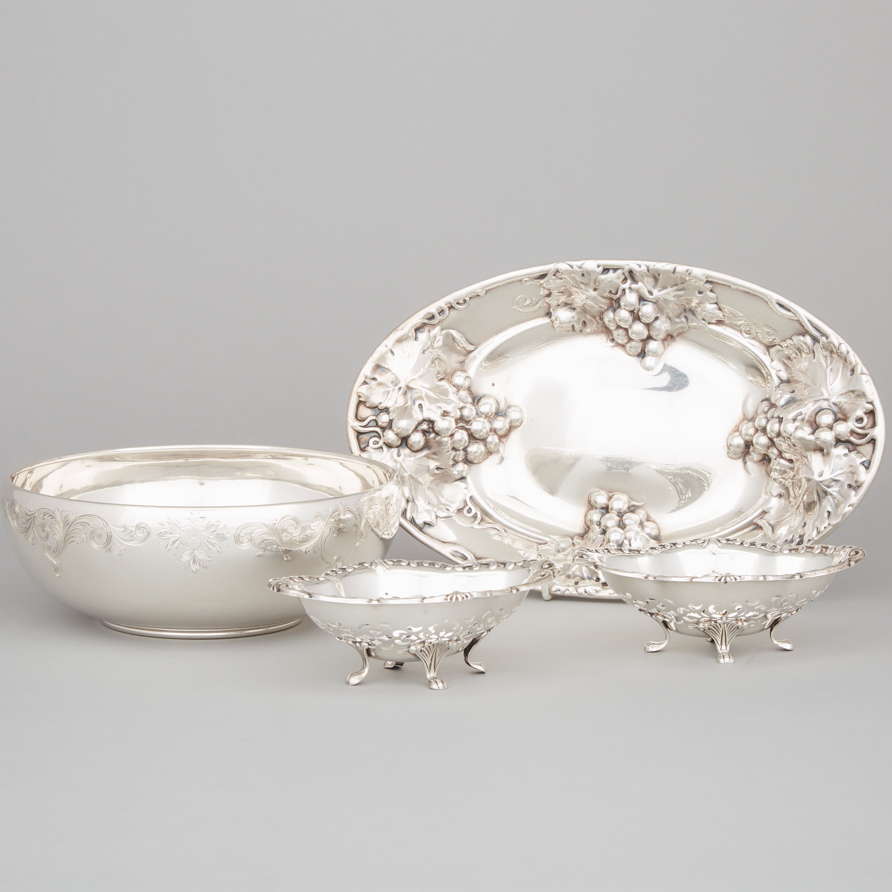 Canadian Silver Oval Dish, Circular Bowl and Pair of Pierced Candy Dishes, Henry Birks & Sons, Montreal, Que., 1938/49