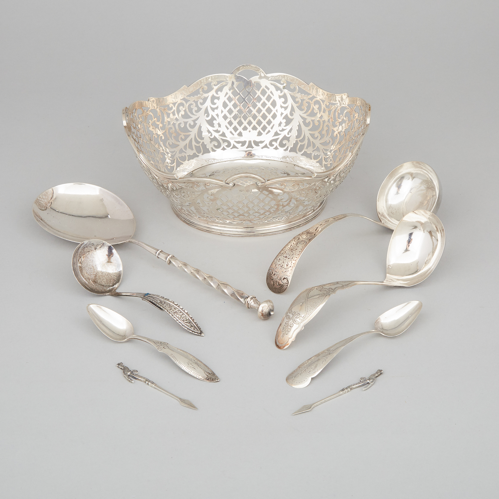 Dutch Silver Pierced Bowl, A. Presburg, Haarlem, and a Group of Flatware, 19th/20th century