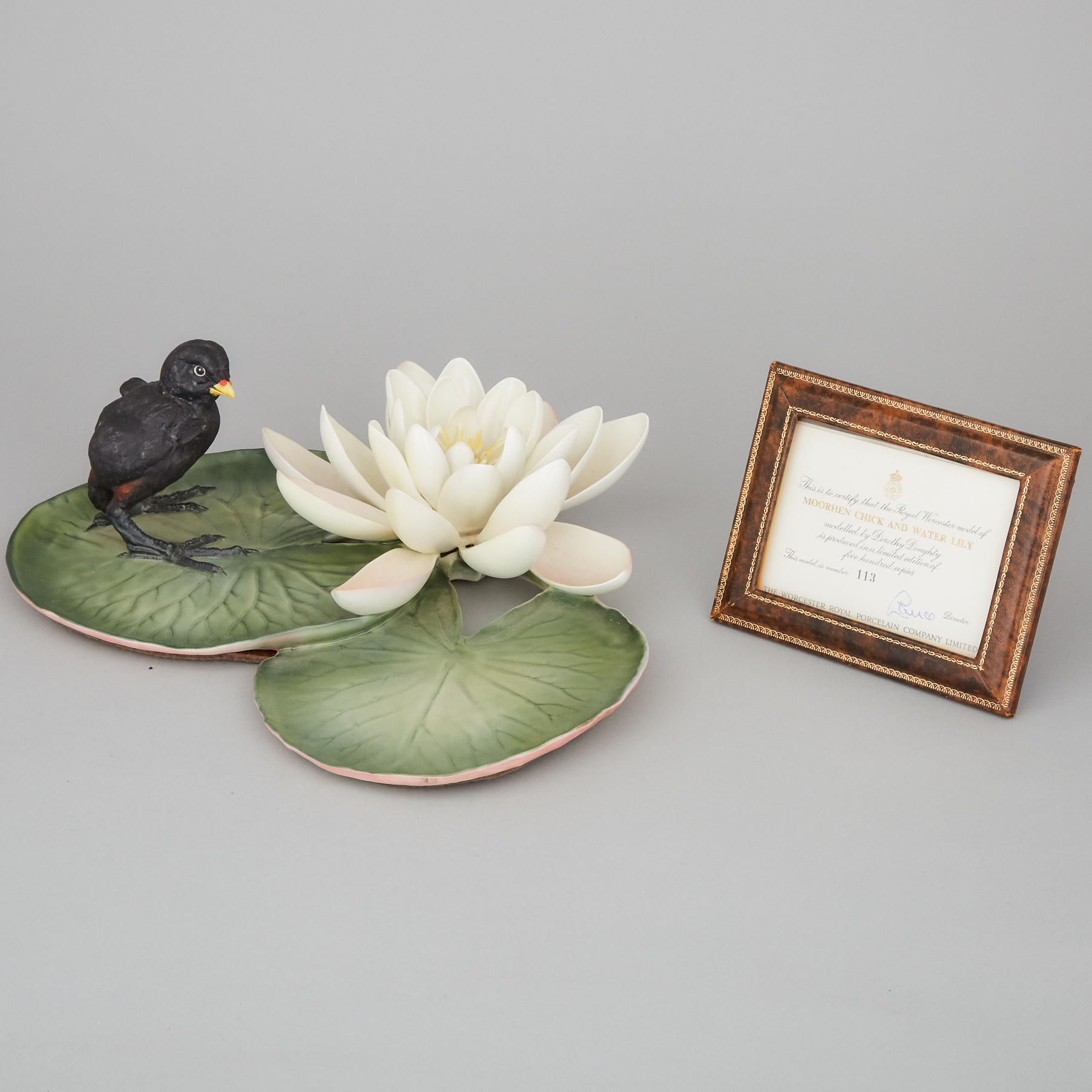 Royal Worcester ‘Moorhen Chick and Water Lily’ Bird Model, 113/500, Dorothy Doughty, 1964