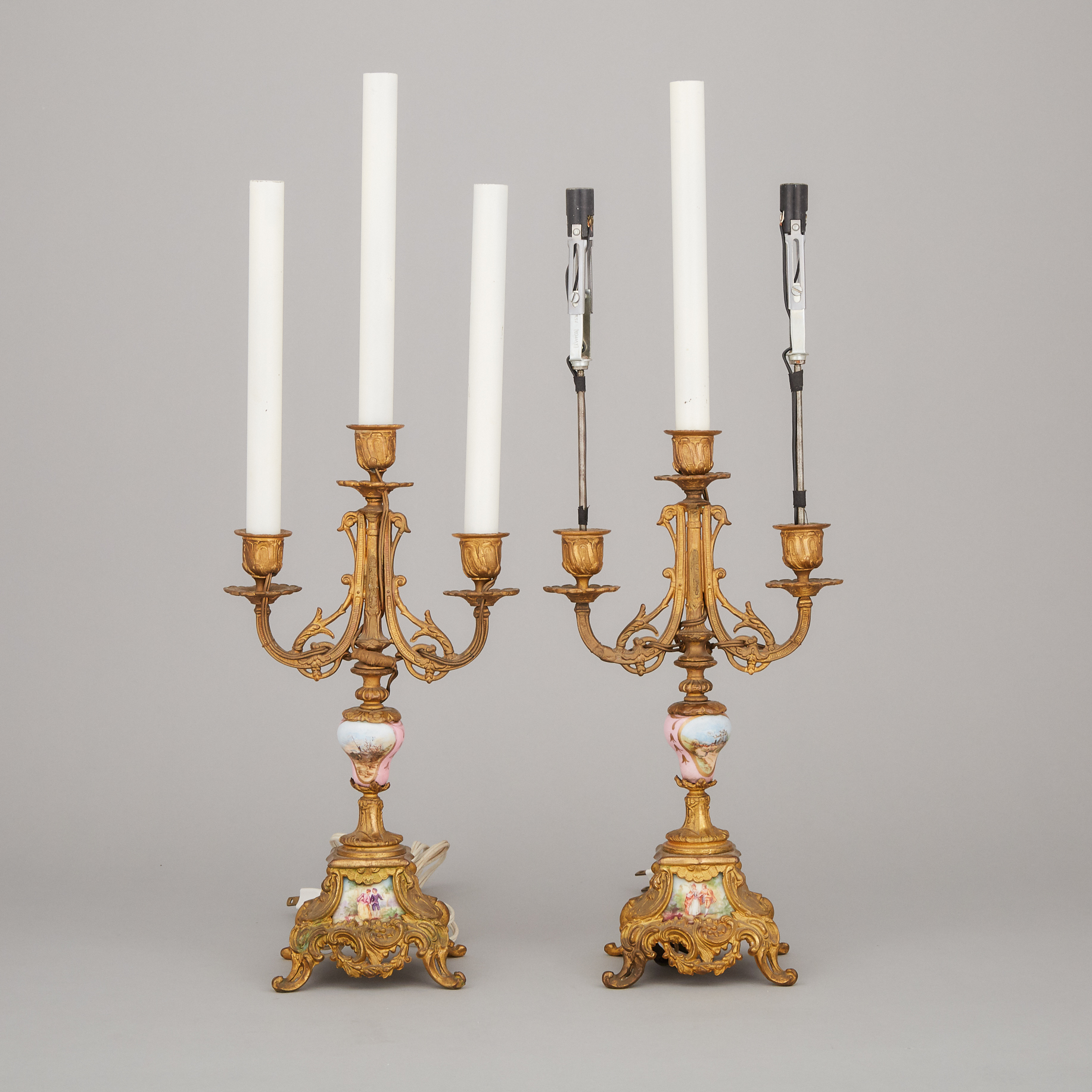 Pair of French Porcelain Mounted Gilt Metal Mantel Candelabra, early 20th century