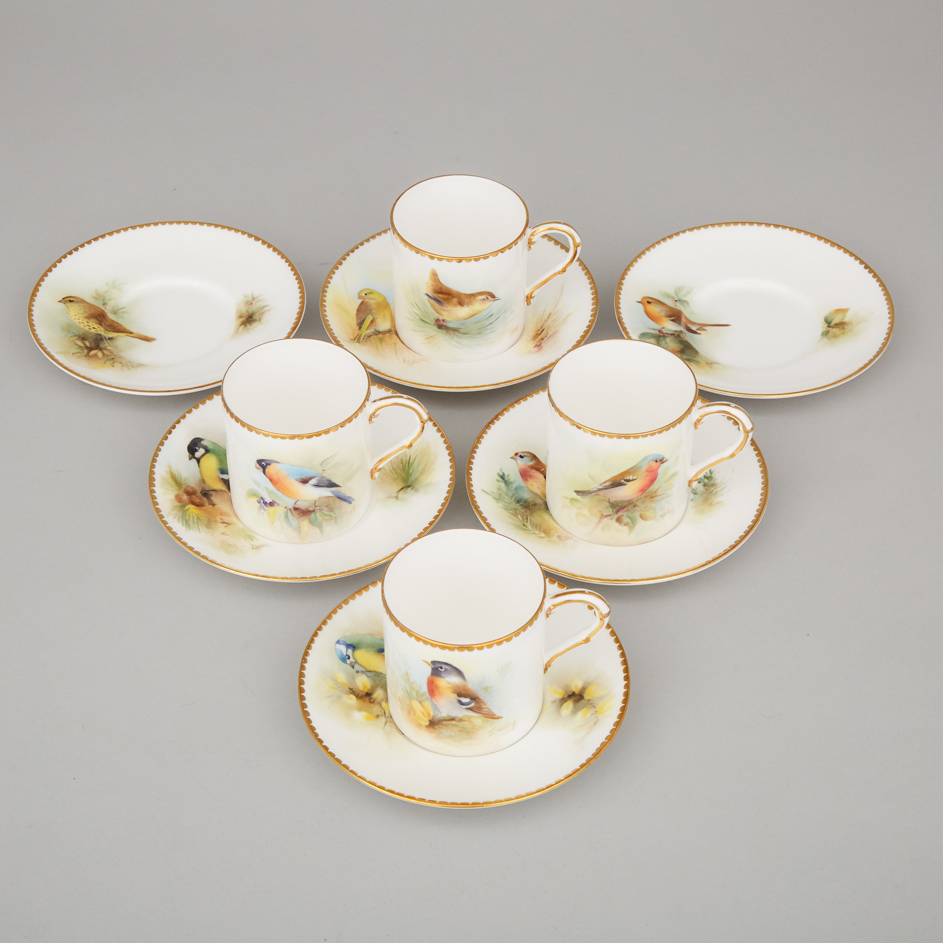 Four Royal Worcester Ornithological Cups and Six Saucers, John Hussell, 1952