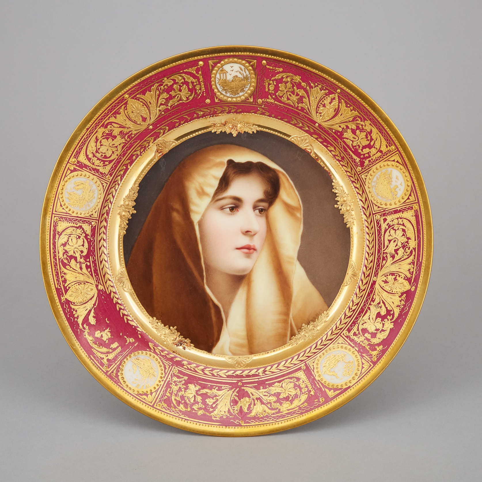 'Vienna' Decorated Claret and Gilt Banded Cabinet Plate, 'Madonna', early 20th century