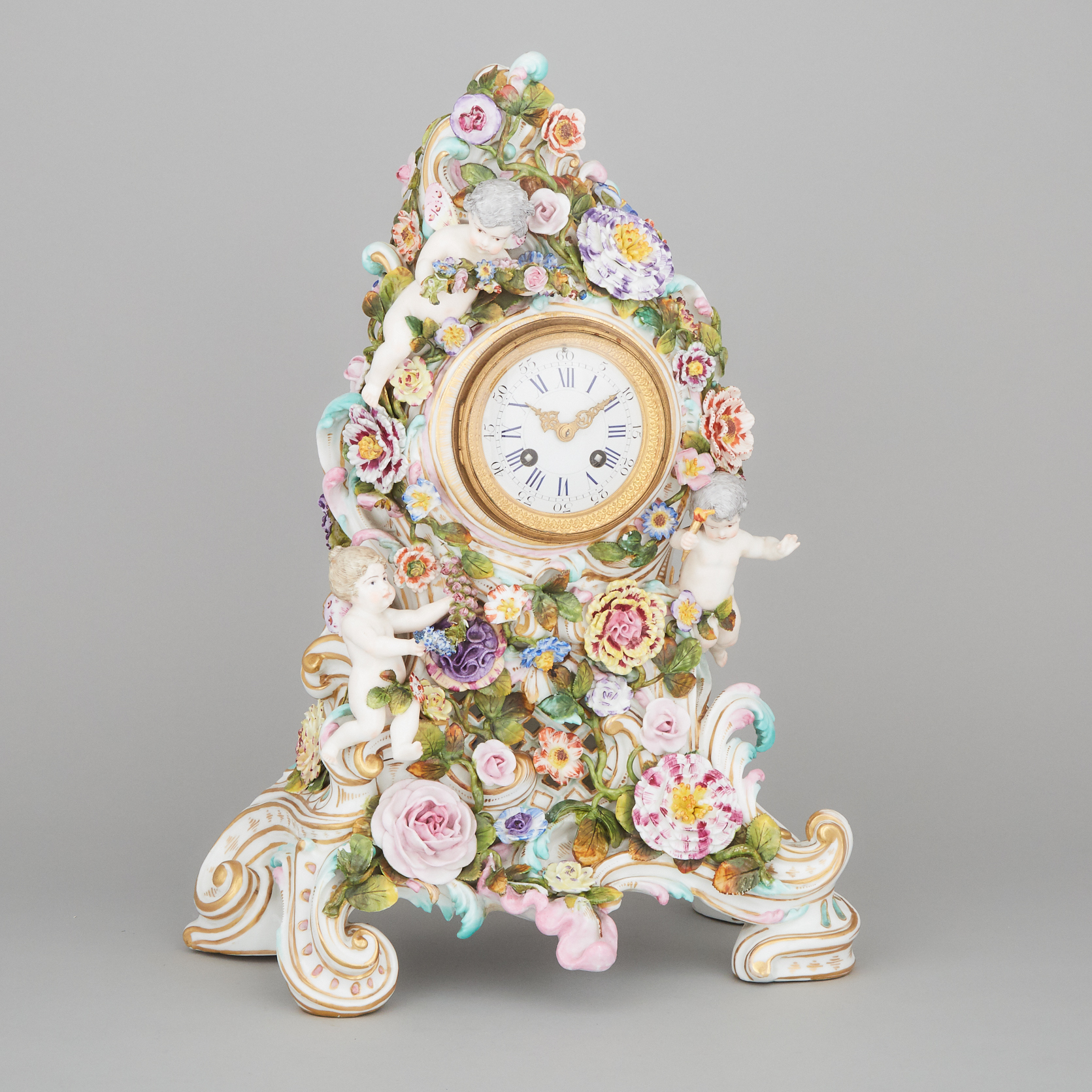 'Meissen' Flower-Encrusted Mantel Clock, 19th century