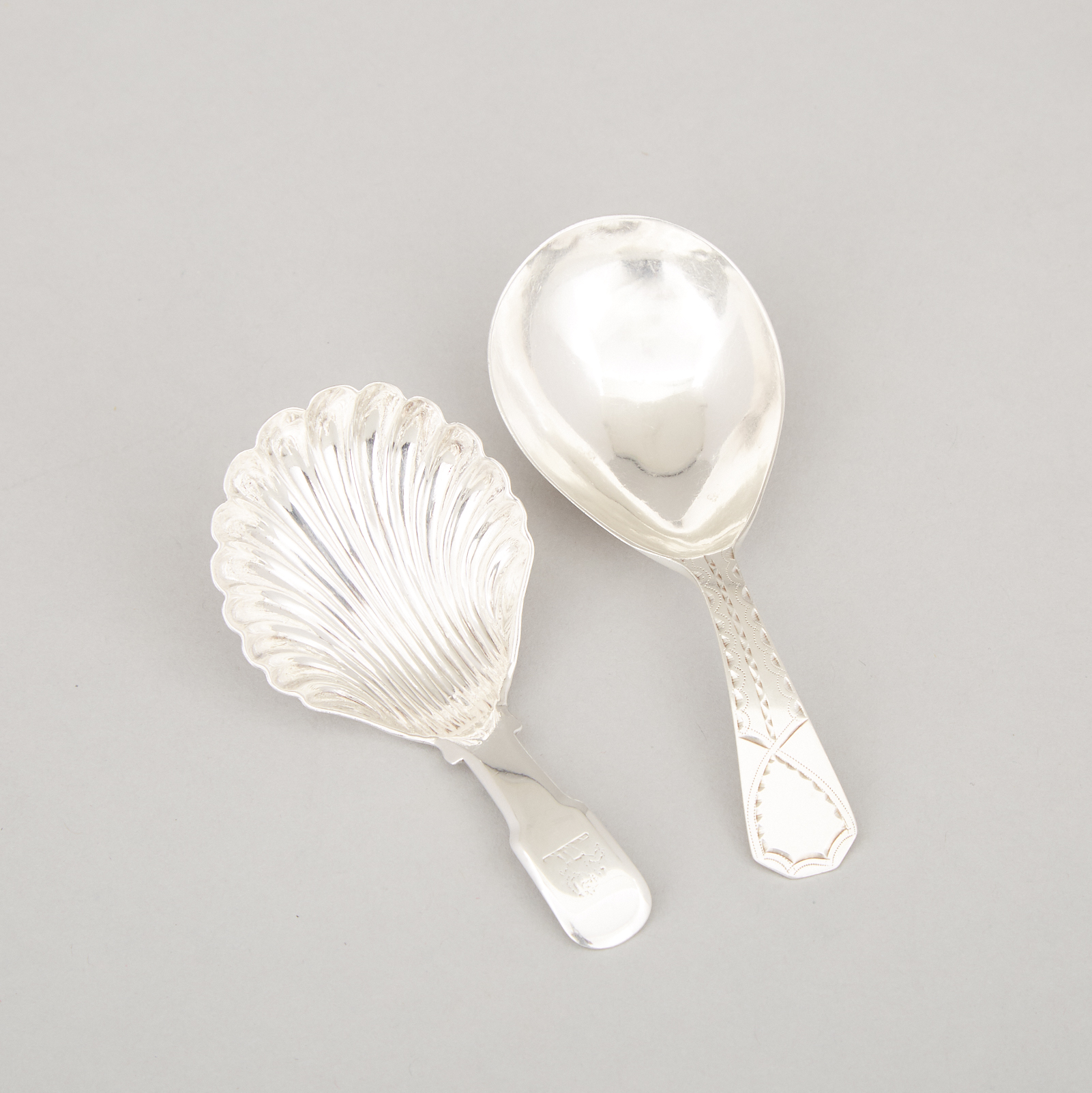 Two Georgian Silver Caddy Spoons, Solomon Hougham, London, 1804 and William Knight II, 1827